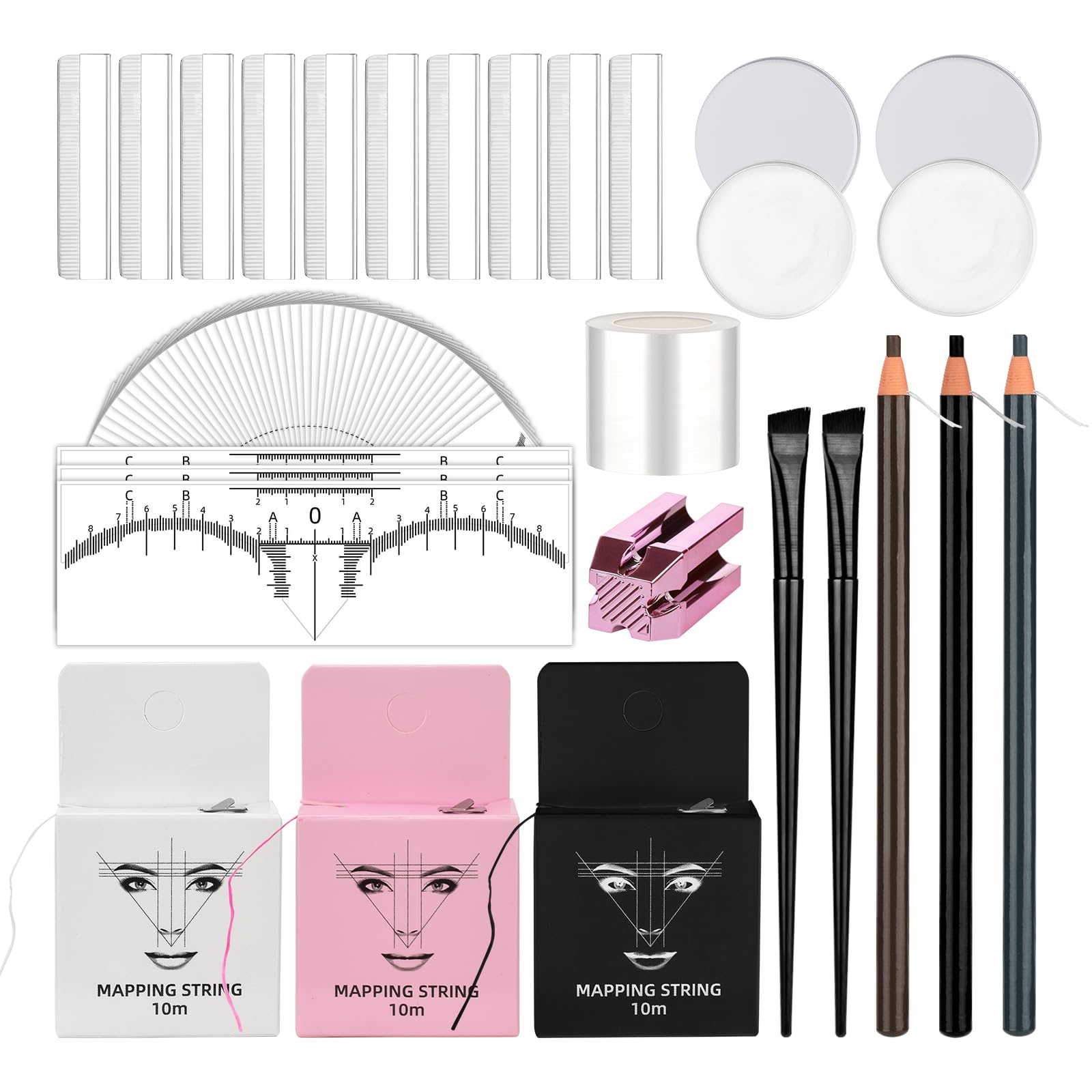 Kit de cartographie des sourcils - 10 m - Noir blanc et rose - 50 autocollants pour règle à sourcils, correcteur de sourcils blanc, 2 pinceaux à sourcils, crayon à sourcils et taille-rasoir
