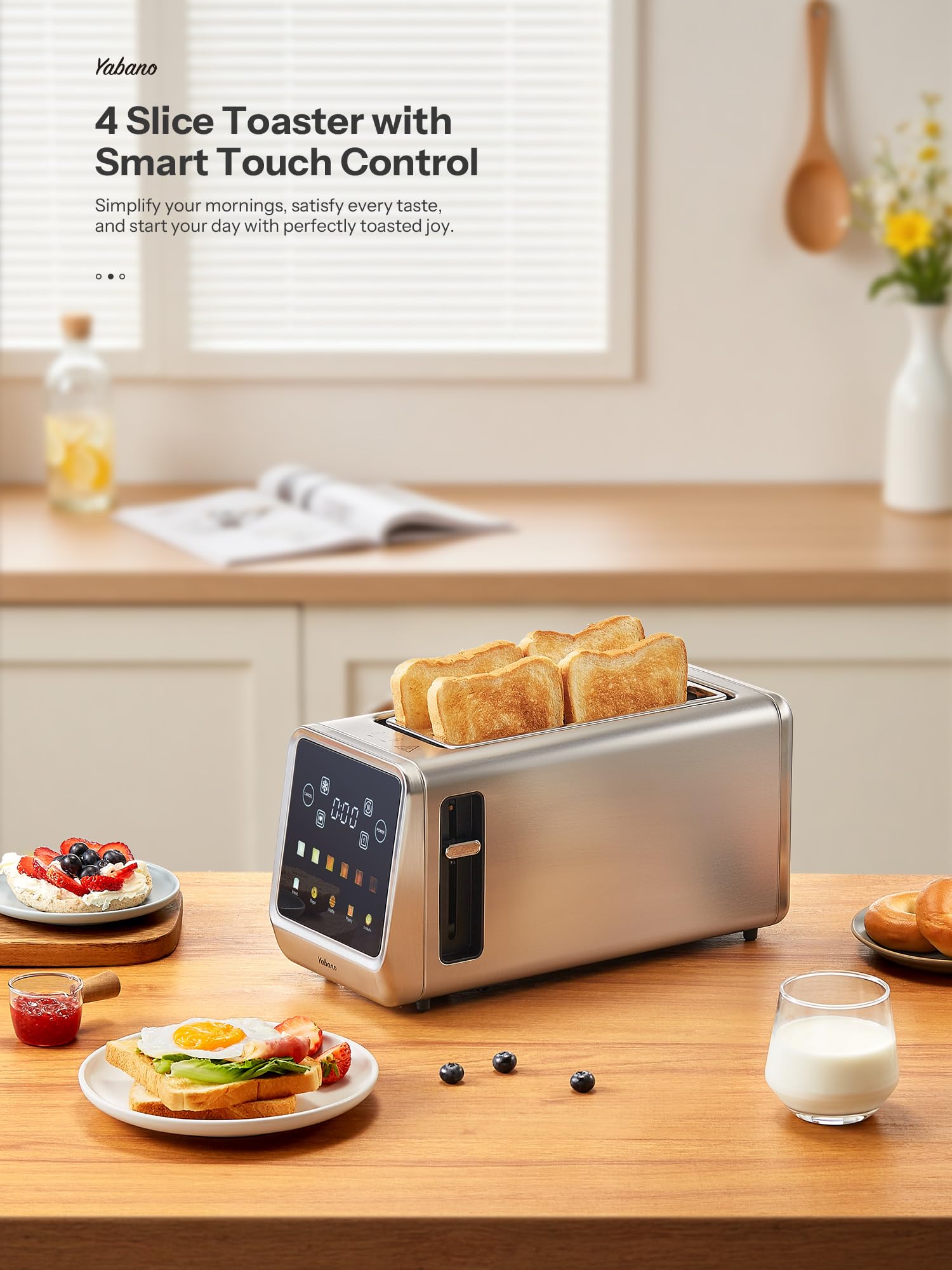 Toaster Langschlitz Edelstahl mit Smart Touchscreen & Memory-Funktion, Toaster 4 Scheiben mit 6 Bräunungsstufen & 5 Brotmodi, Auftau- & Aufwärmfunktion, Single Slot Technologie