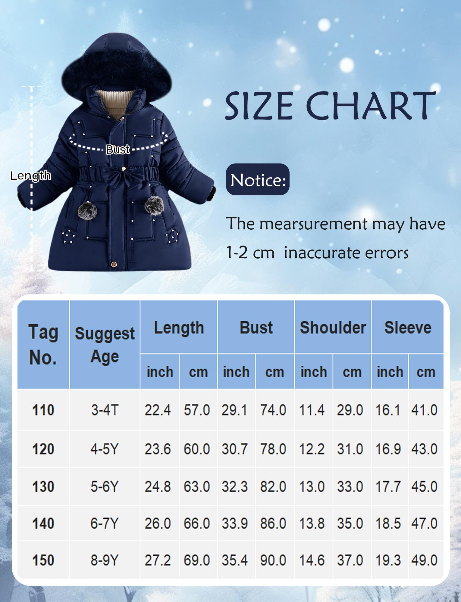 Maeau - Manteau à Capuche Détachable Fille Hiver Veste Mi-longue Chaude Parka Matelassée Doudoune Epaisse Rembourré avec Ceinture Élastique Nœud Papillon 3-9 Ans