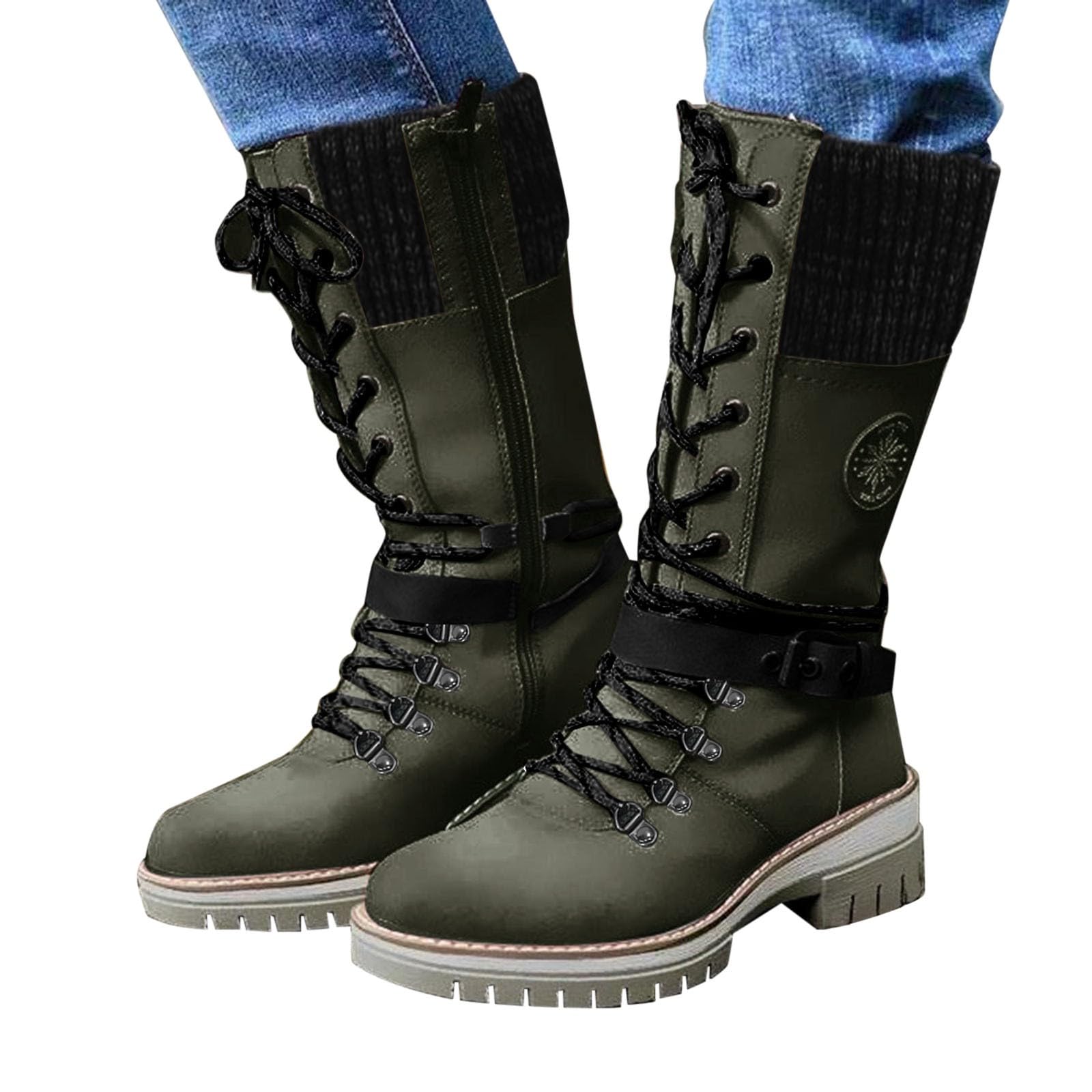 Generisch Botas de invierno para mujer, botas altas y cálidas, largas botas de invierno, botas de punta redonda, tacón de bloque, botas largas, hebilla de cinturón, botas de equitación