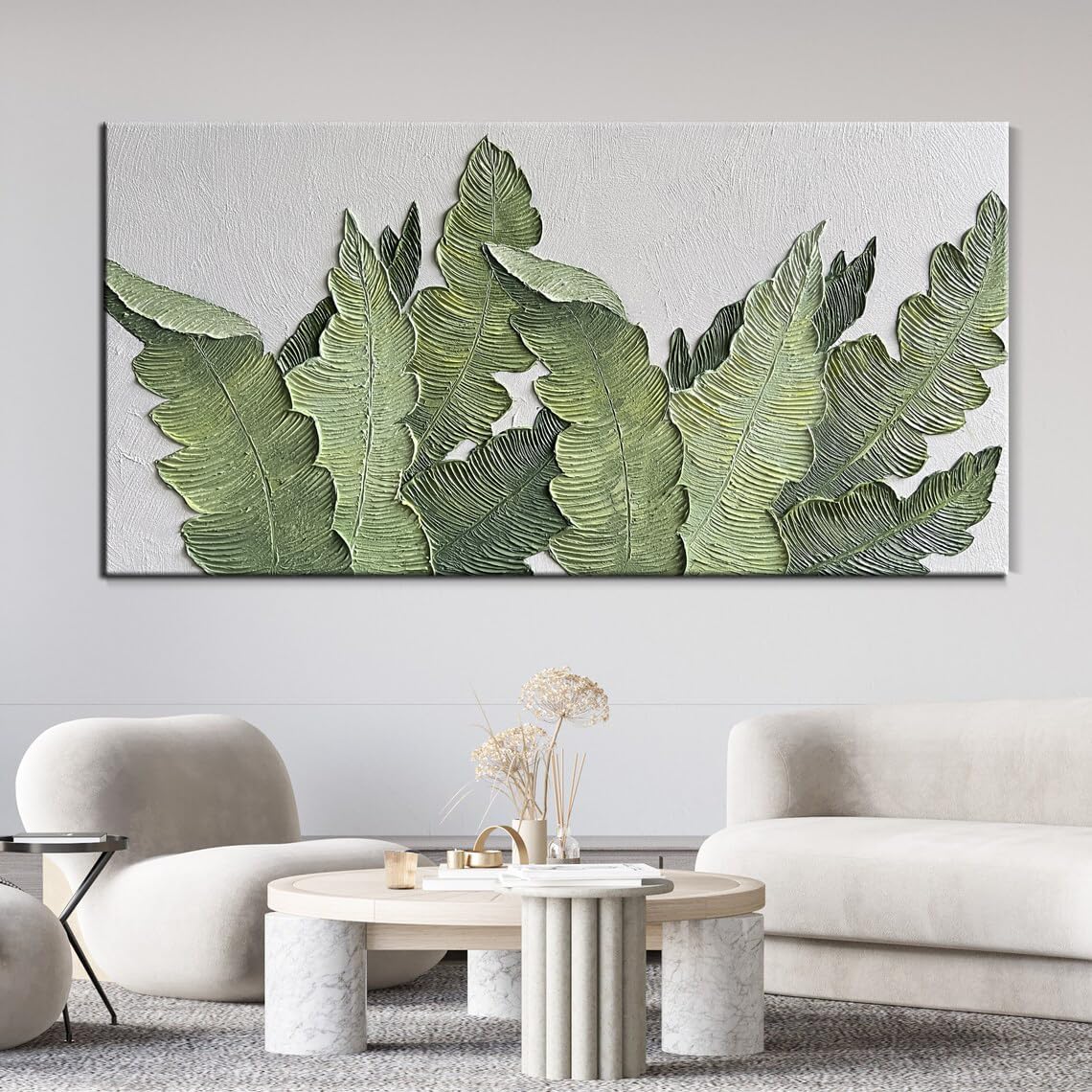 YaSheng Art- Modern minimalist 3D textured wall art Oil Paintings on Canvas Green plant paintings handmade Abstract artwork painting large canvas wall art Home Wall Art Deco Picture 30X60 Inches
