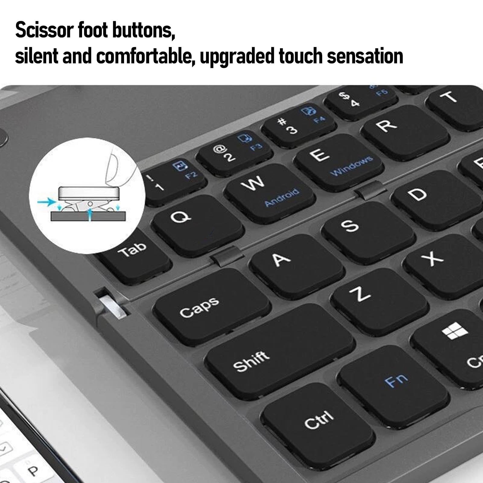 Luocute Faltbare Bluetooth-Tastatur, 60 Tasten, Leise, Faltbar, Tragbar, Leicht, Wiederaufladbar, Tastatur mit Verdecktem Ständer für für für Phone Tablet (Grau Schwarz)