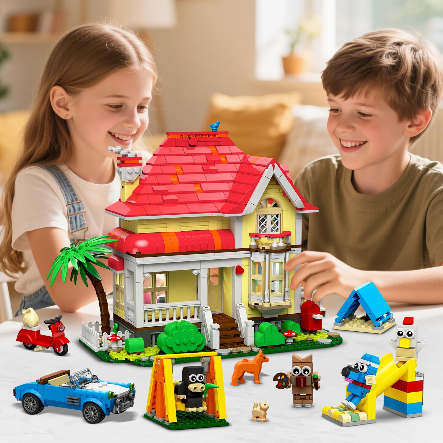 HOGOKIDS Girls House Building Set with LED Light – 1212 PCS Friends Fairy-Tale Villa Block Toy with Car, Slide, Swing & 4 Cute Animals Building Kit | Birthday Gift for Kids Girls Boys Age 6-12+
