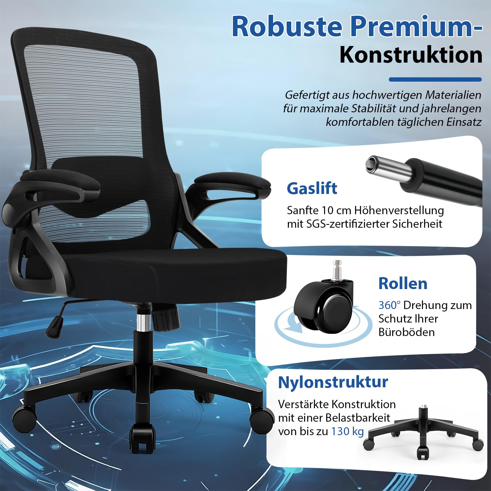 Milacyee Bürostuhl Ergonomisch, Schreibtischstuhl mit Verstellbarer 4D Lendenwirbelstütze, Drehstuhl mit klappbaren Armlehnen, Computerstuhl mit 90°-125° Wippfunktion, Netzstuhl bis 130 kg (Schwarz)