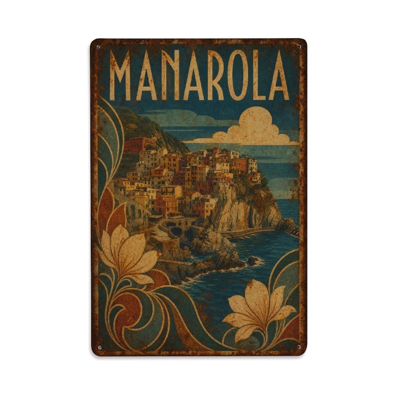 Huiyhb 8X12inch(20X30cm) Vintage Travel Manarola Coastal Village Scenic Beauty Italy Metal Tin Sign