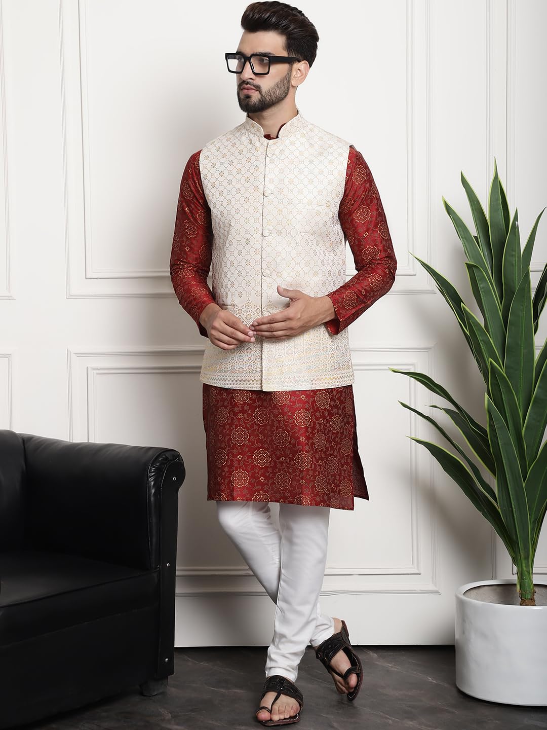 Sojanya (Since 1958 Men's Silk Blend Print Maroon Kurta And Cream Pyjama With Cream Nehru Jacket
