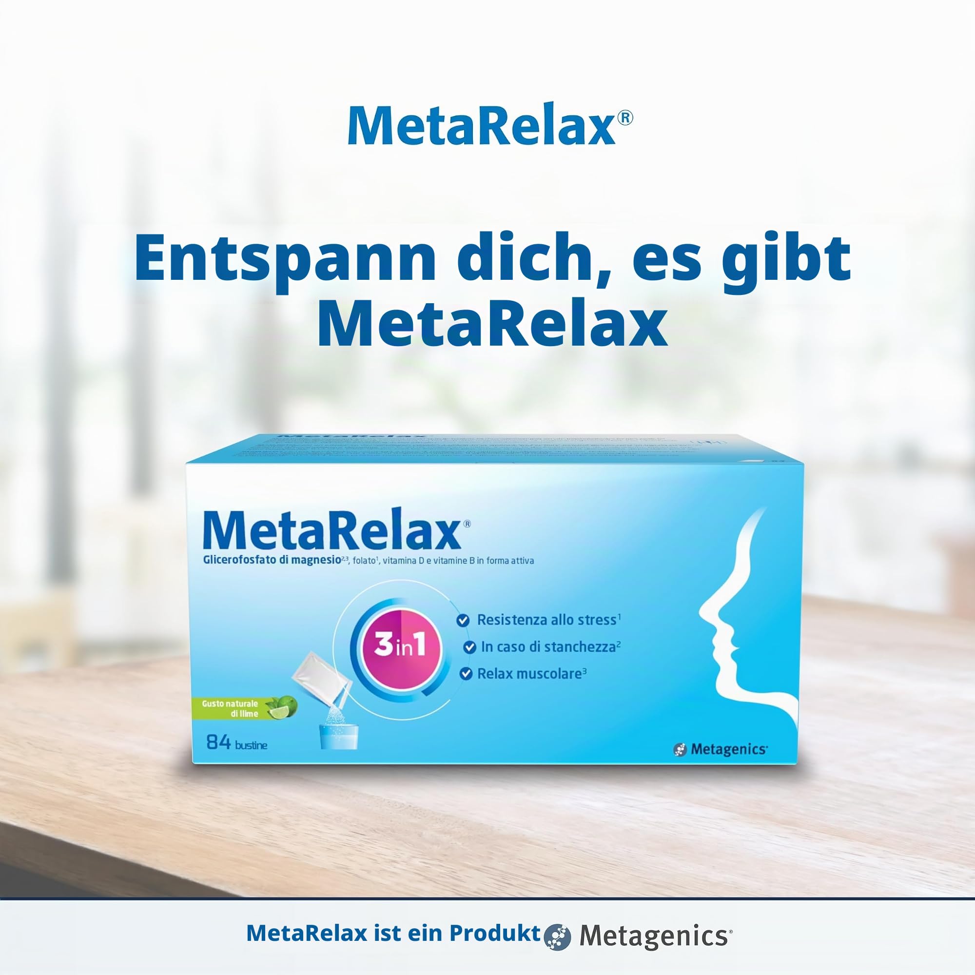 Metagenics MetaRelax Magnesium-Pulver - Limette - Zuckerfrei - 84 Beutel | Hochwertiges Magnesium-Pulver mit B-Vitaminen & D3. Trägt zur Verringerung von Müdigkeit und zu normaler Muskelfunktion bei