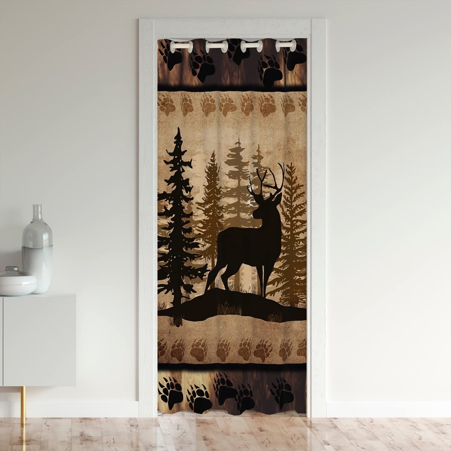 Cute Deer Door Curtain for Doorway Privacy 106x203cm Girls Boys Kids Deer Hunting Room Curtain Room Bear Paw Tree Pattern Closet Door Cover Curtain for Bedroom Exotic Style Brown Window Treatments