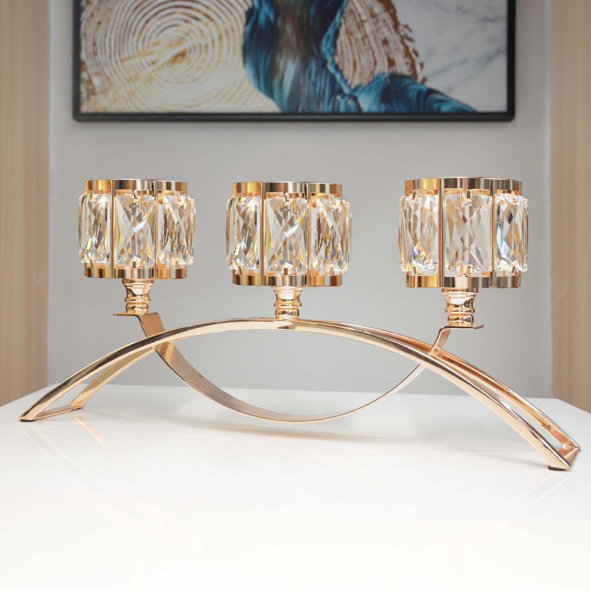 DUOAZJL Art Statue - 3 Arms Crystal Bowl Tealight Candelabra Votive Candle Stand, Candlestick Holders Wedding centerpieces for Tables Crystal Candlestick，Centerpiece Table Decorations(Gold)