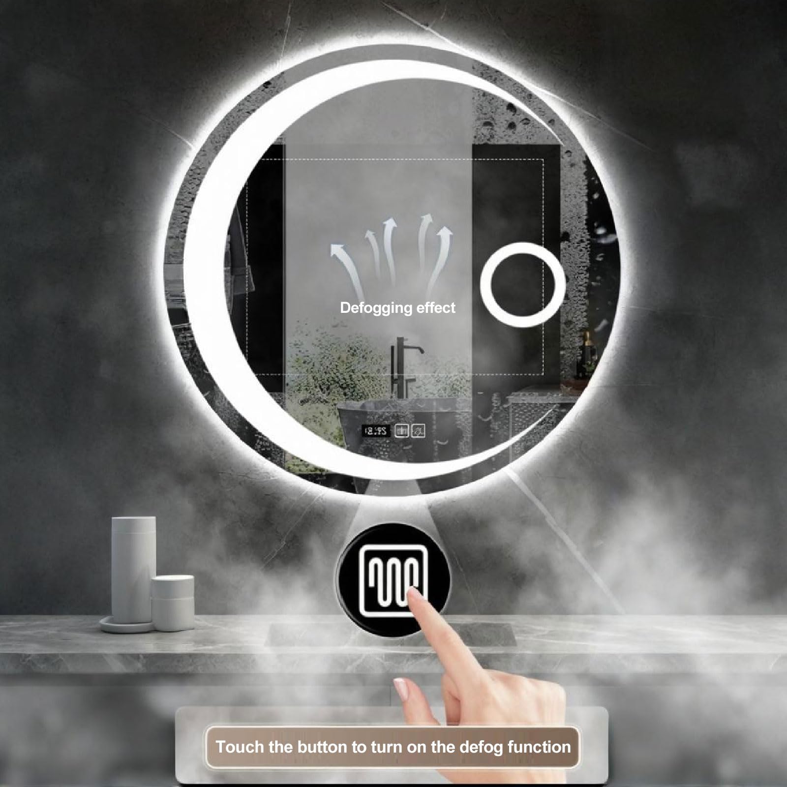 Dimmbarer LED-Badezimmerspiegel, kreisförmig, 27,5 cm, mit Anti-Beschlag-Funktion, 3-farbige Beleuchtung, Smart-Touch-Schalter und Zeitanzeige, perfekt für Schminktisch, Schlafzimmer und