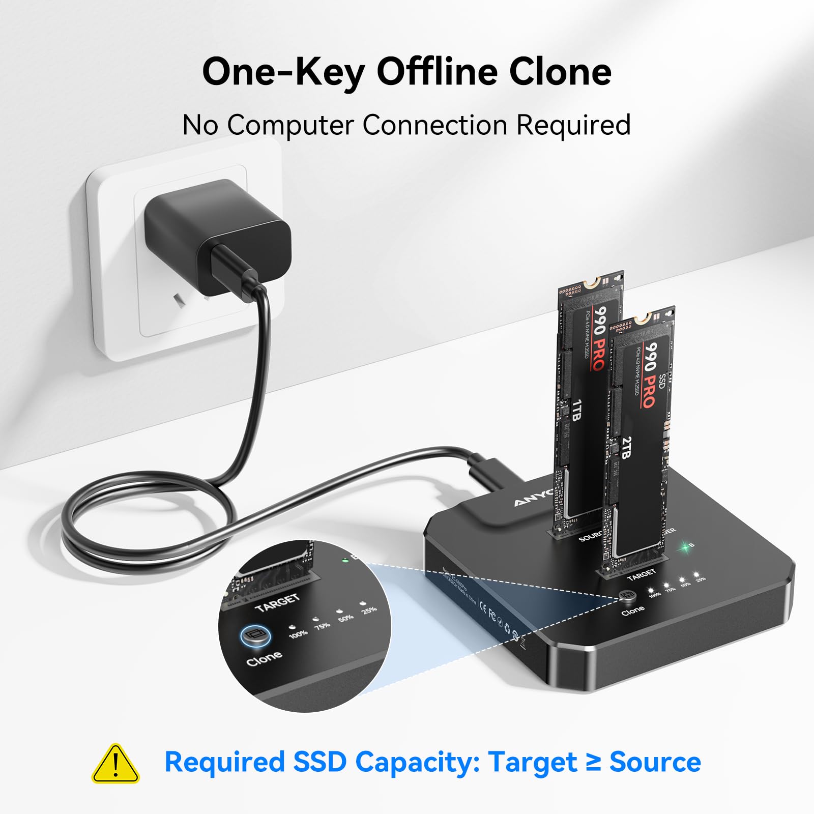 NVMe M.2 Clone SSD Boîtier 20 Gbps USB 3.2 Gen2 Dual Bay M.2 NVMe Station d'accueil avec clonage hors ligne pour une mise à niveau rapide du PC, la migration du système et la sauvegarde des données