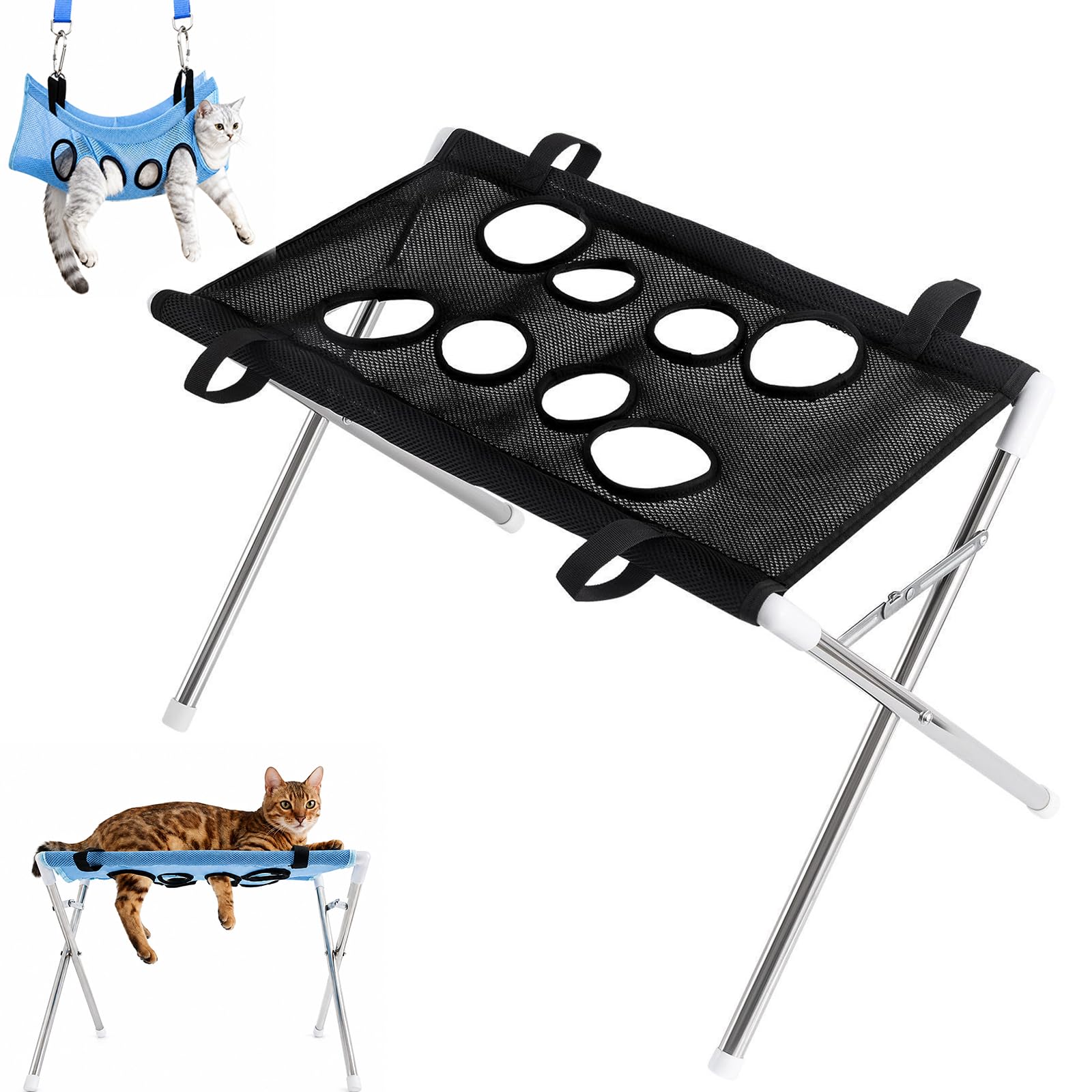 einnenffer Dog Grooming Hammock With Stand, Foldable Pet Grooming Table for Dog Cat，Black