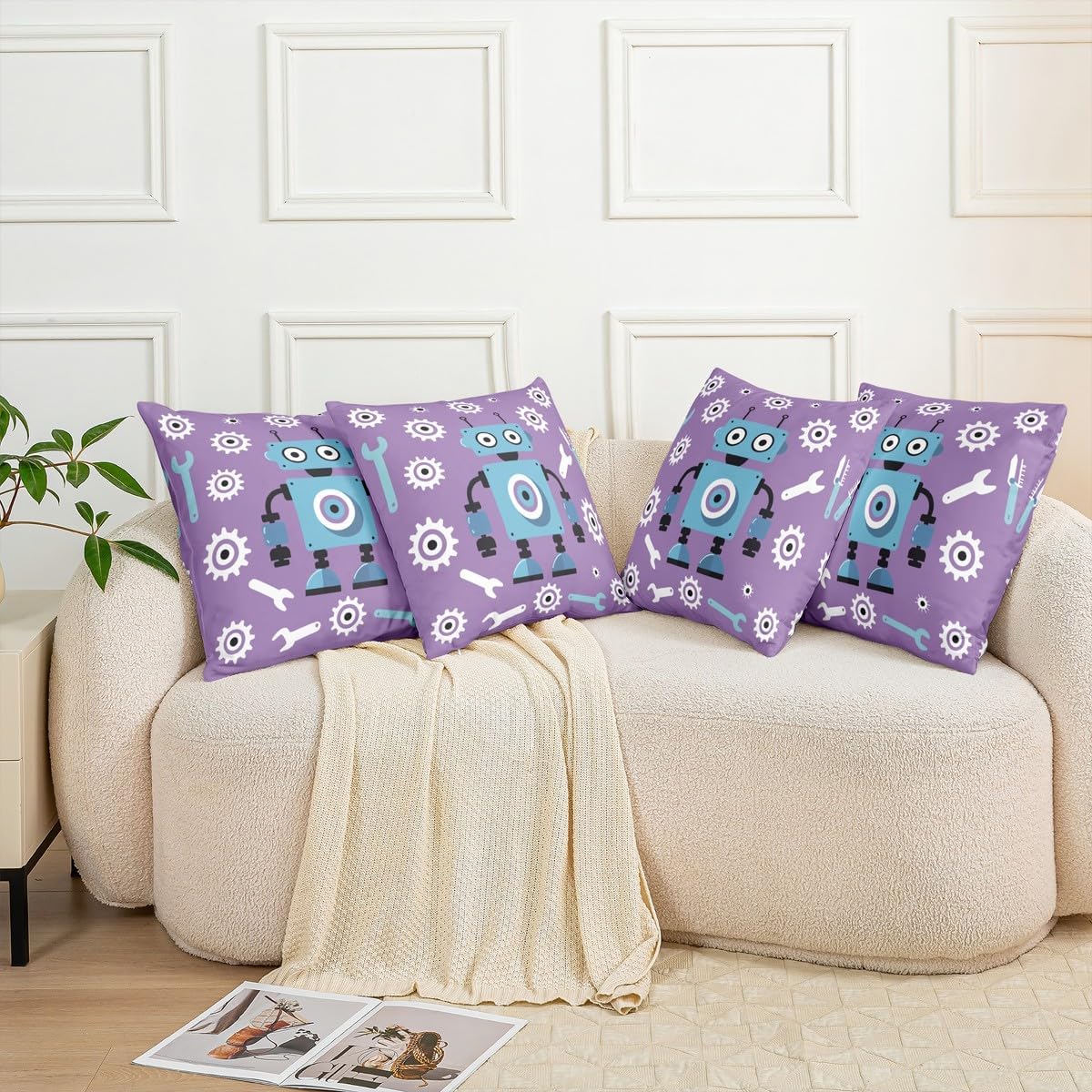 Cartoon Robot Pillow Covers Geometric Repair Tools Pillow Cases Cute Sci-Fi Robot Cushion Cover for Living Room Intelligent Machine Cushion Case 18x18 Inch,Set of 2 image 5