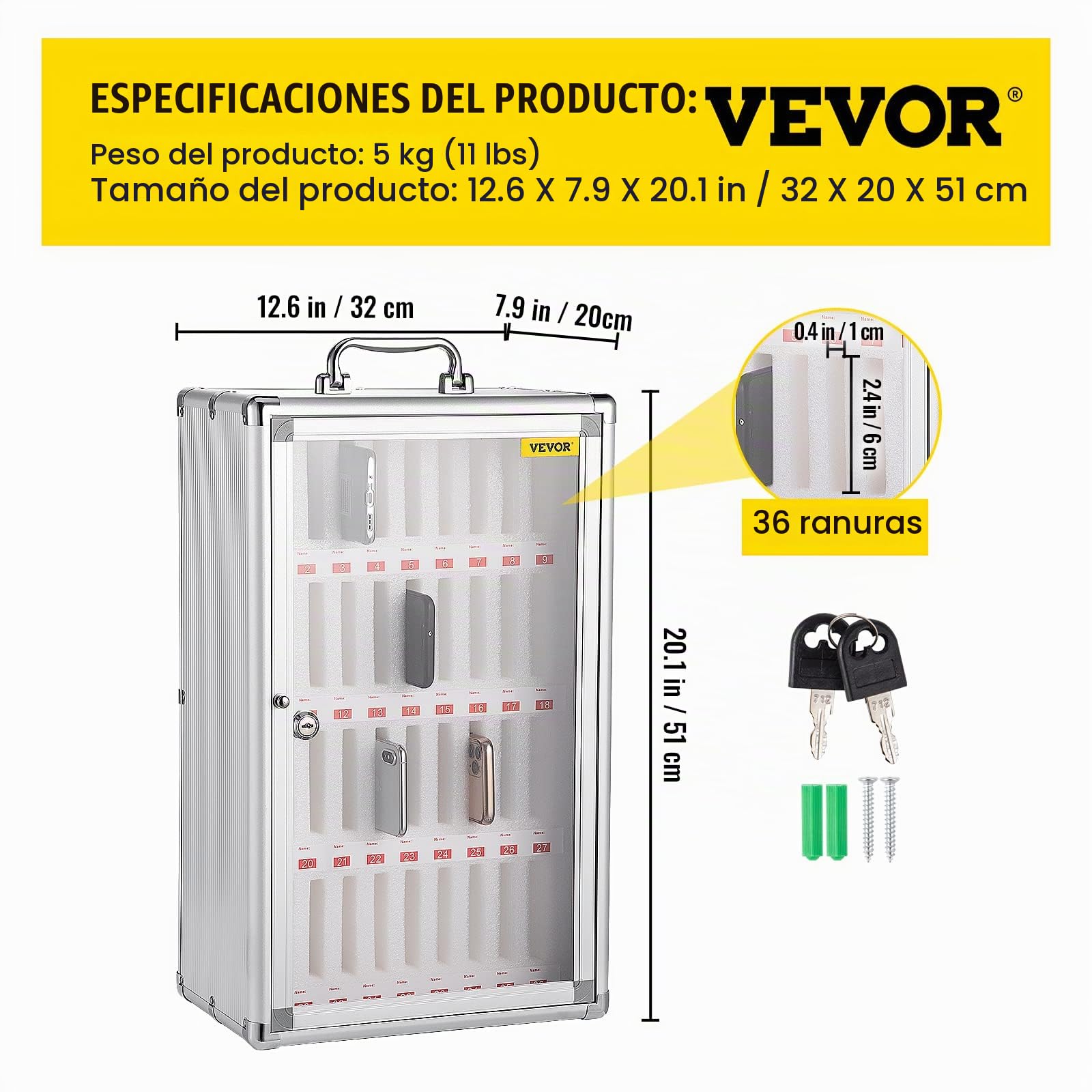 VEVOR Caja de Casillero de Almacenamiento de Teléfonos 32x20x51 cm Caja de Administración de Celular Cojinete de Carga 20 kg Caja de Almacenamiento de Teléfonos con 36 Ranuras y 2 Llaves para Clases