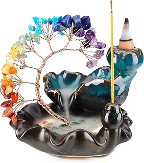 CYYKDA 7 Chakras Crystal Tree Backflow Incense Burner - Ceramic Waterfall Holder for Yoga Meditation & Zen Home Decor