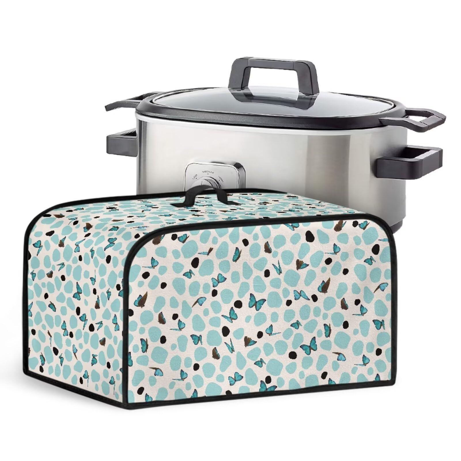 Butterfly Spotted Pattern Kitchen Slow Cooker Cover Fancy Washable Utensil Cover Mesh Pocket with Accessory Organizer Crock Cover