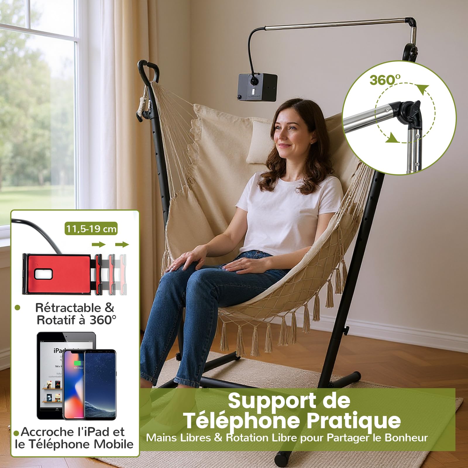 COSTWAY Hamac sur Pied avec Support en Métal, 6 Hauteurs 96-146 cm, Beige