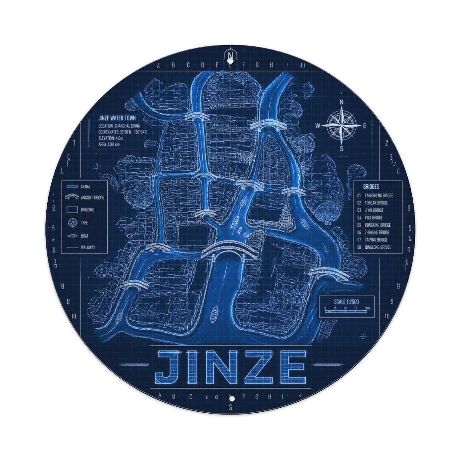 Okngb Style Retro Lines Shanghai Jinze Town Historic Route Badge Metal Tin Sign Plaque Wall Decor For Cafe, Man Cave, Club Bar, Office, Home Garden Round Metal Poster 8X8inch