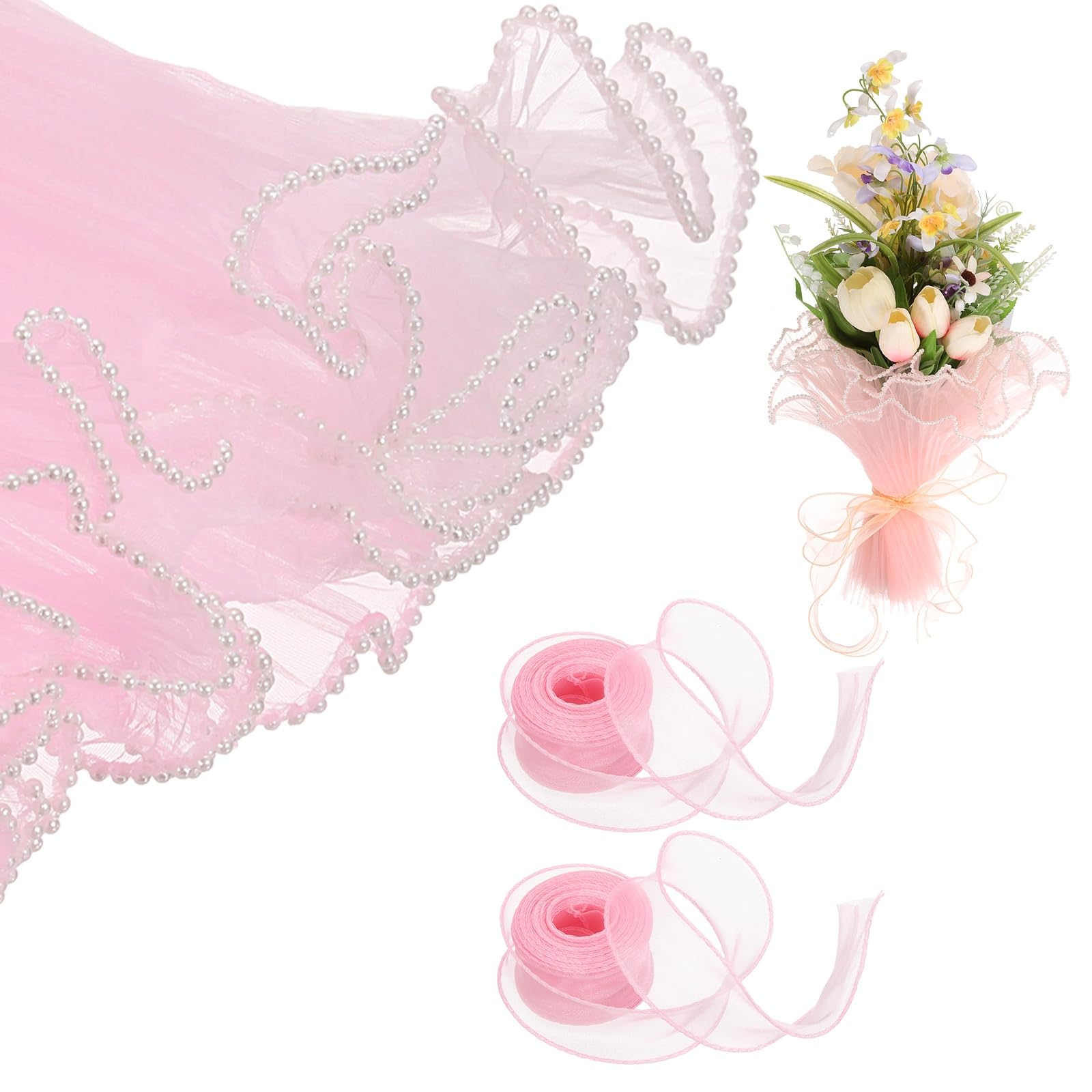 sourcing map 2 Pcs 4 Yards Flower Wrapping Mesh Paper Pearl Edge Bouquet Floral Packaging Paper with Organza Ribbon for Valentine's Day Wedding Birthday Florist Supplies, Light Pink