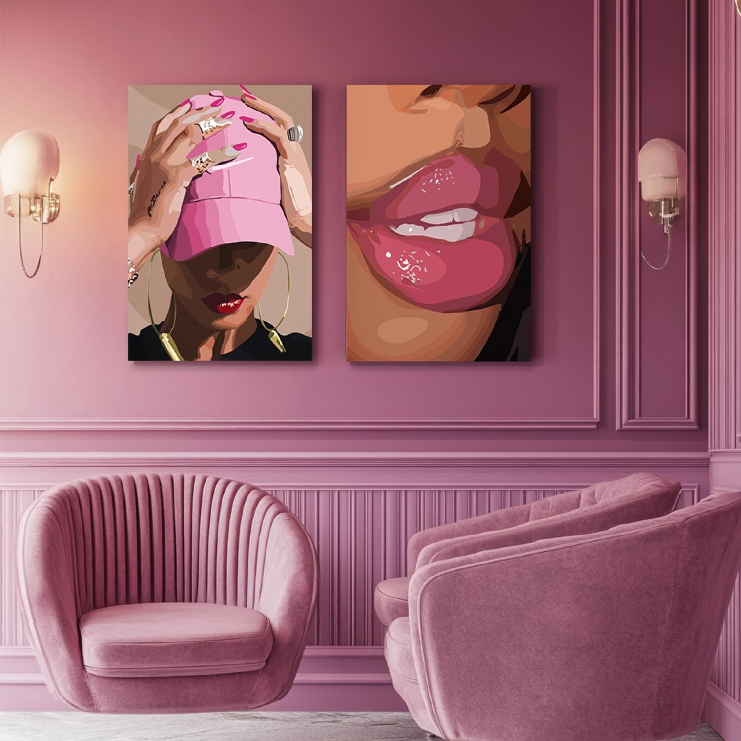 Hianan Fashion Black Girl Canvas Wall Art Modern Trendy African American Black Woman Poster Prints Pink Abstract Black Girl Aesthetic Pictures for Living Room Framed Ready to Hang 12"x16"x3