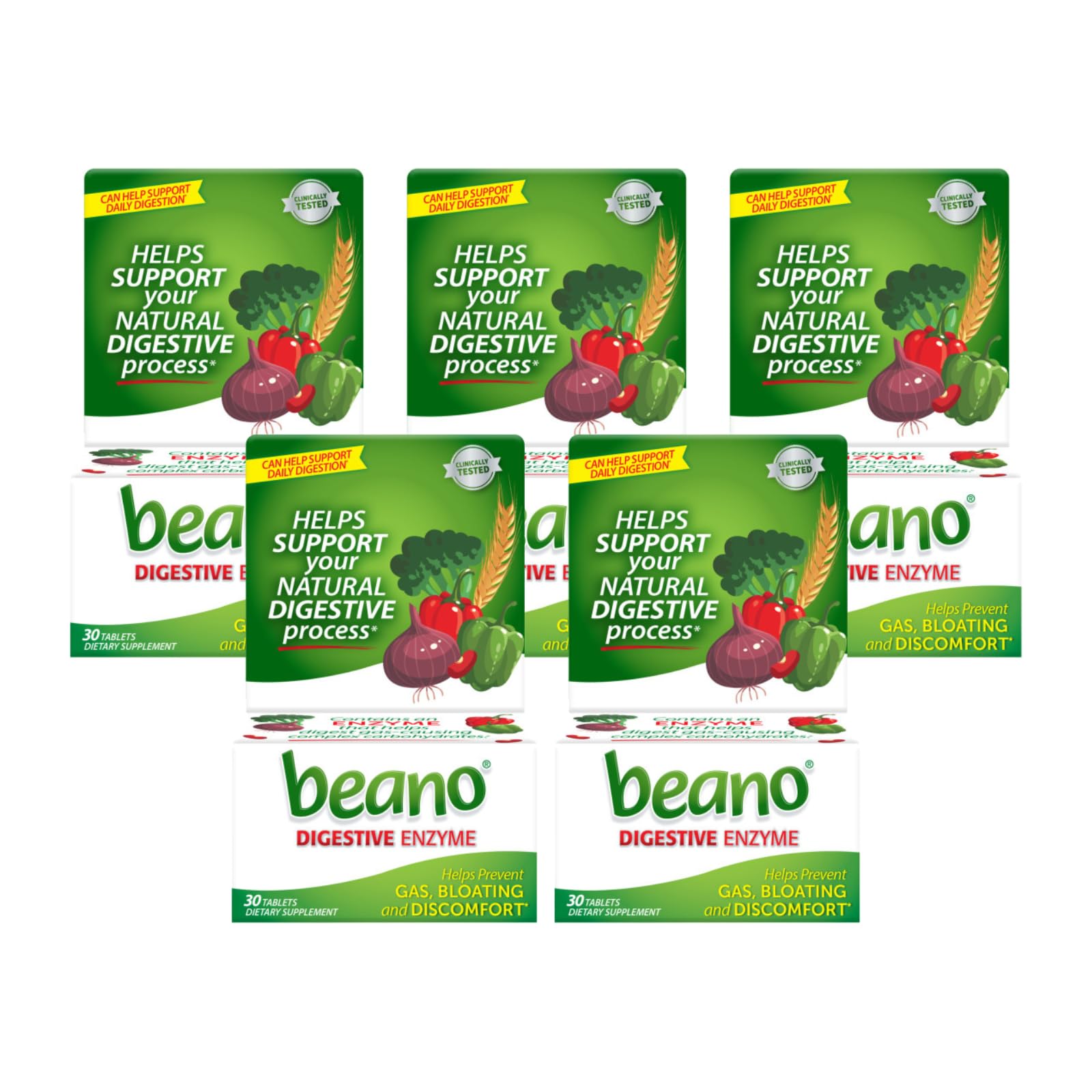 Beano Digestive Enzyme, Bloating Relief and Gas Prevention, Enzymes for Digestion, 30 Count (Pack of 5)