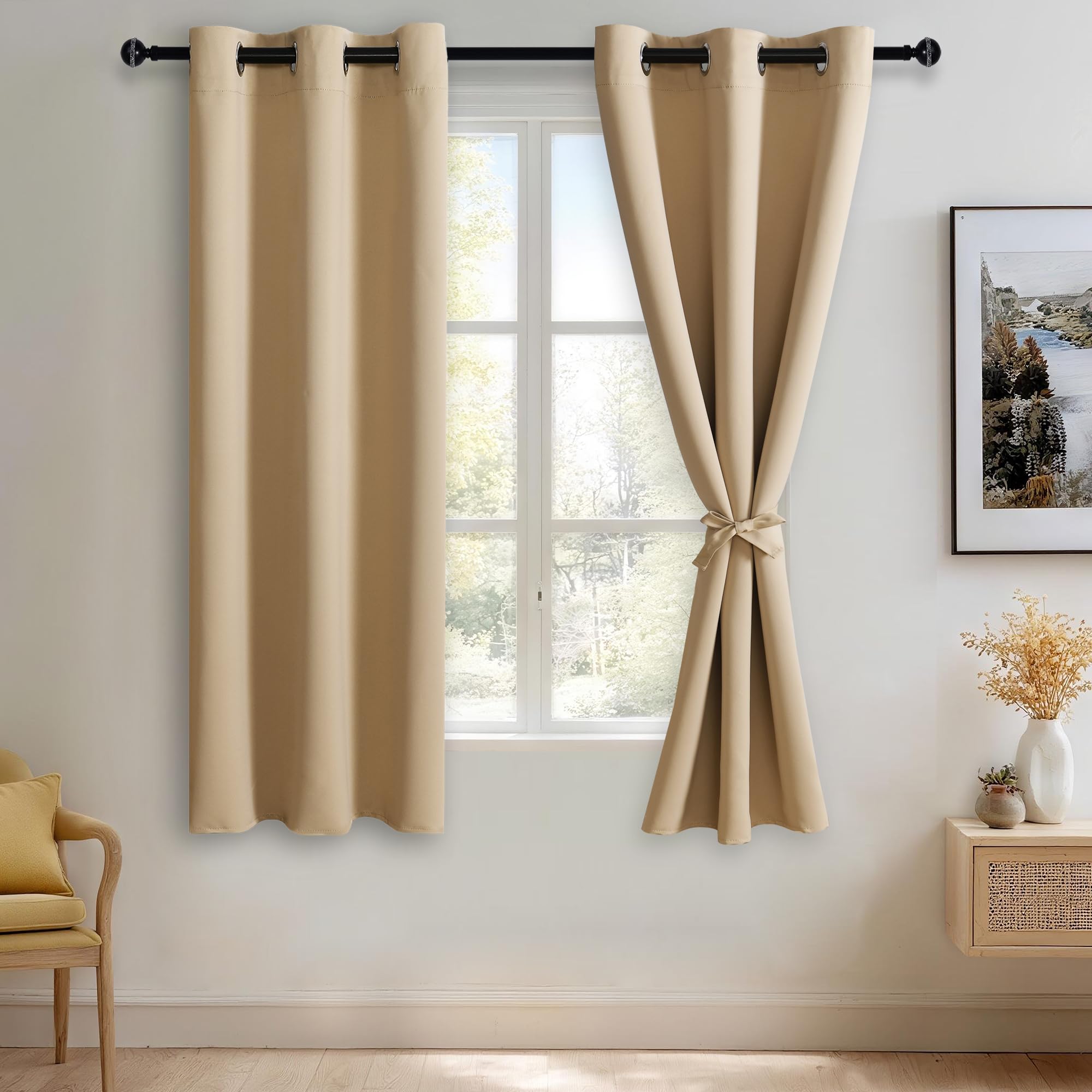 JIUZHEN Beige Blackout Curtains with Tiebacks - Thermal Insulated, Light Blocking and Noise Reducing Grommet Curtain Drapes for Bedroom and Living