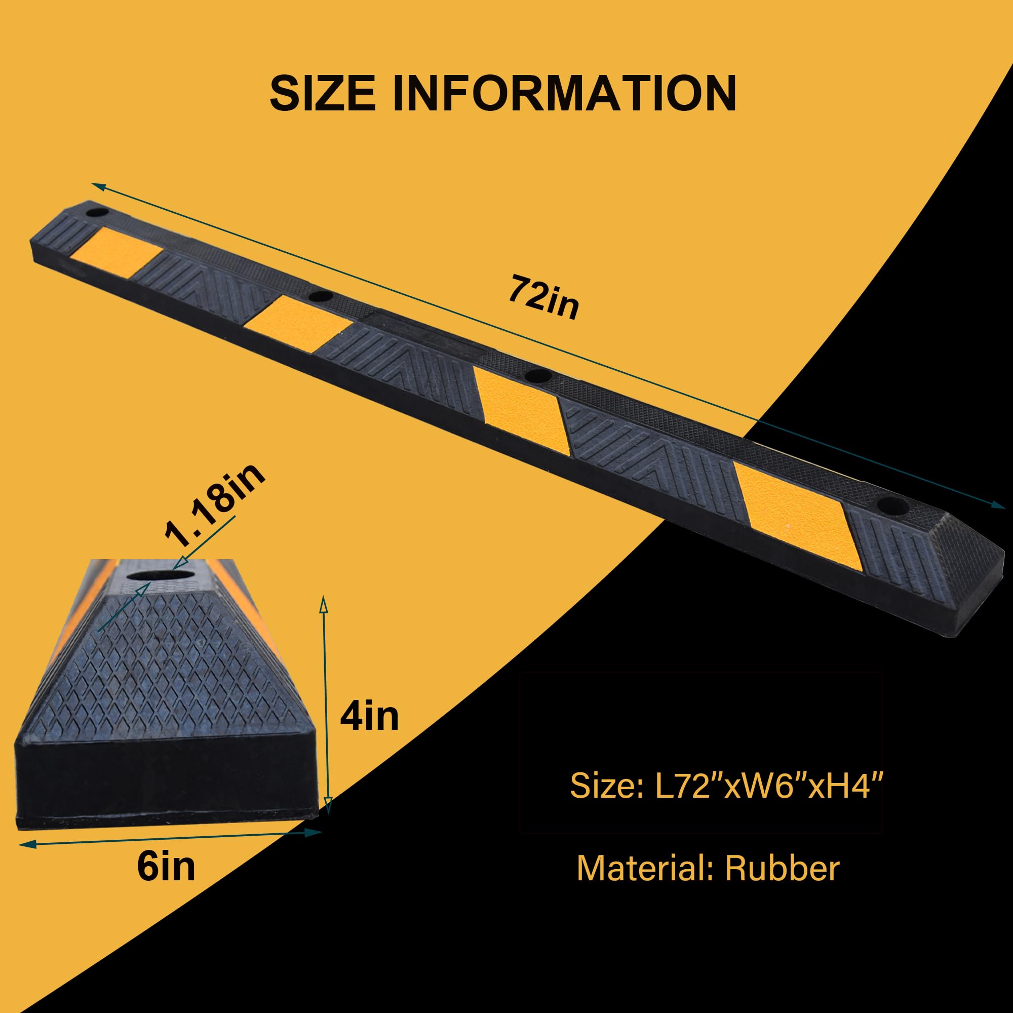 OrangeStar 72" Rubber Parking Curb, Heavy Duty Garage Floor Wheel Stopper w/Yellow Reflective Stripe for Car, Truck, Trailer, 2 Pack