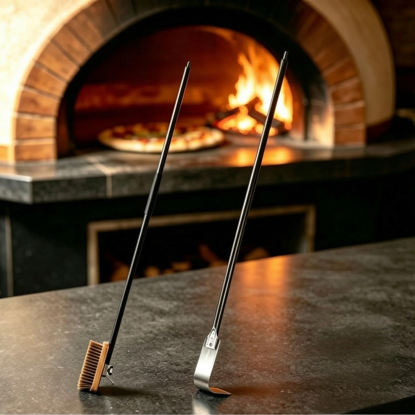 Spazzola per Pulizia Pizza con Setole in Fibra di Ottone E Raschietto a Gancio in Acciaio Inox Manico in Alluminio Nero di Lunghezza Fissa Adatta per, Rastrello A Manico Lungo