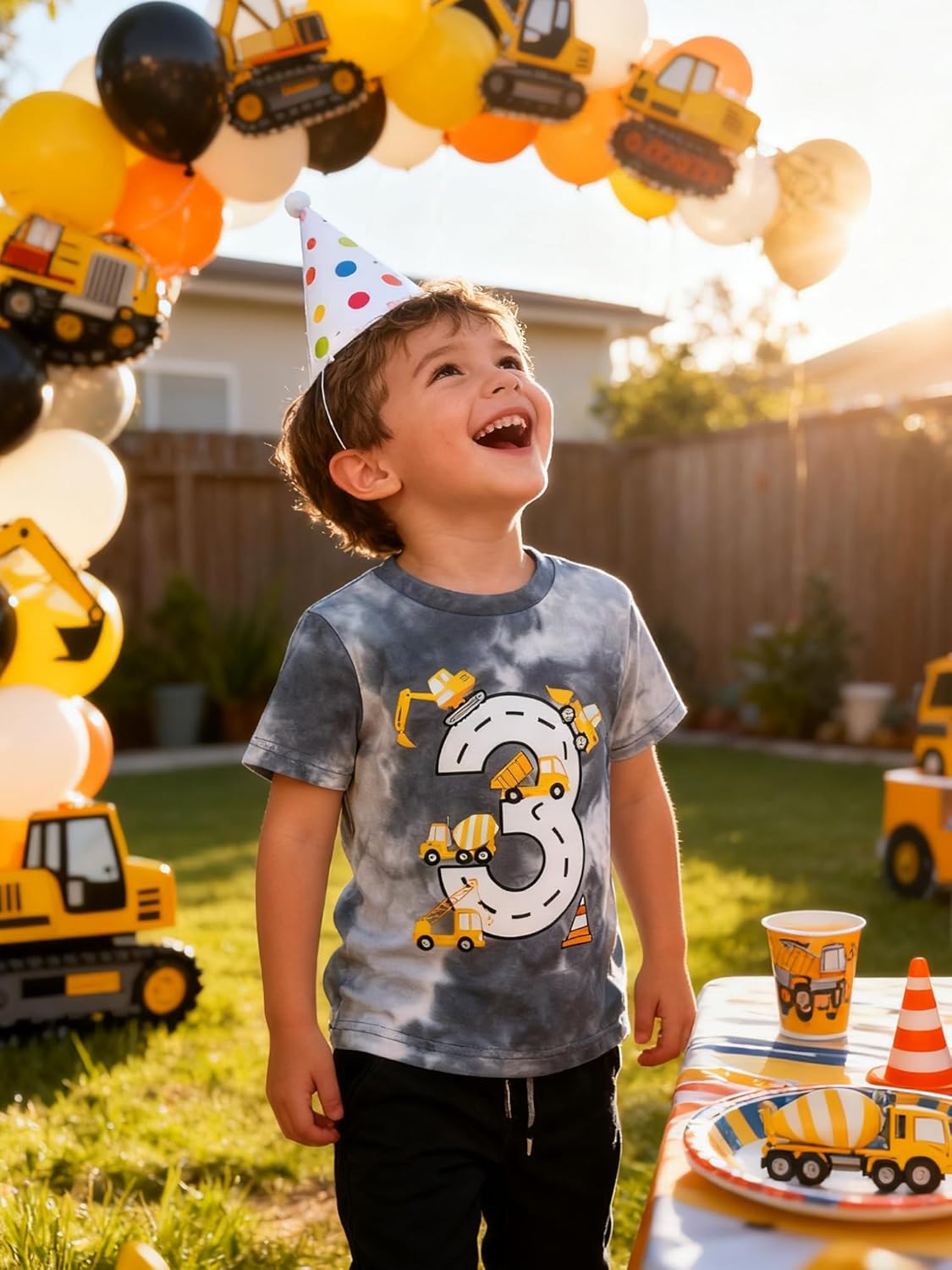 Lovekider 2-5 Years Birthday Boy Shirt Construction Party T-Shirts Excavator Cotton Short Sleeve Tee Dark Grey - Image 2