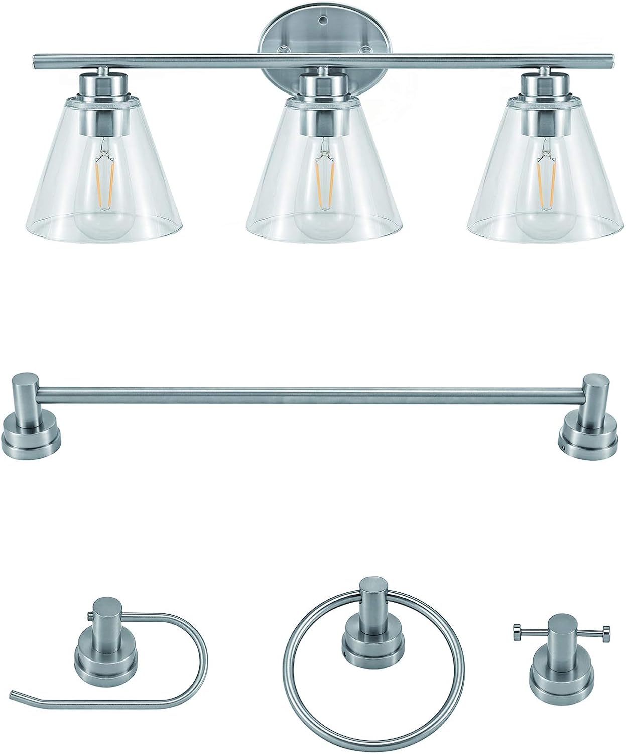 31790 Nassau Collection All-in-One Bath Set, Includes 3-Light Vanity, Bar, Toilet Paper Holder, Towel Ring, and Robe Hook, Industrial, Brushed Nickel Finish