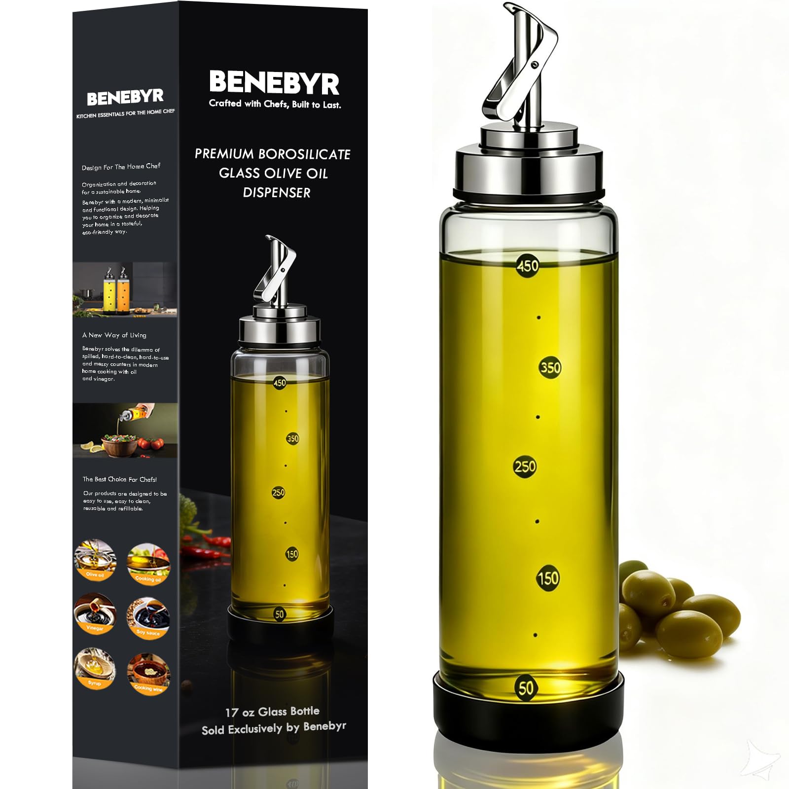 Botella dispensadora de aceite de oliva de vidrio para cocina, dispensador de aceite de cocina inastillable y a prueba de fugas con boquilla de acero inoxidable y parte inferior de goma,