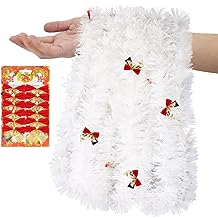 White Christmas Garland 4 x 2 m with Snowflakes, Thick Metallic Garland Lametta, Tulle Ribbons and Festive Ribbons for Christmas Tree