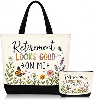 Retirement Gift for Woman, Canvas Tote Bags 2-Piece Floral Set | Canvas Tote 15.74×11.81 In+7.87×5.11 In Makeup Bag; Happy Retirement Gifts And Tote Bags For Women For Travel And Daily Use