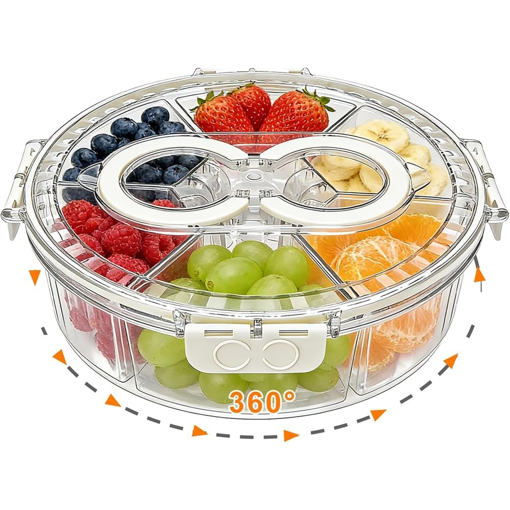 Hndhbfgrt Rotating Divided Snack Box Container, 6 Compartment with Lid& Handle, for Kitchen, Picnic Party, Travel Tray