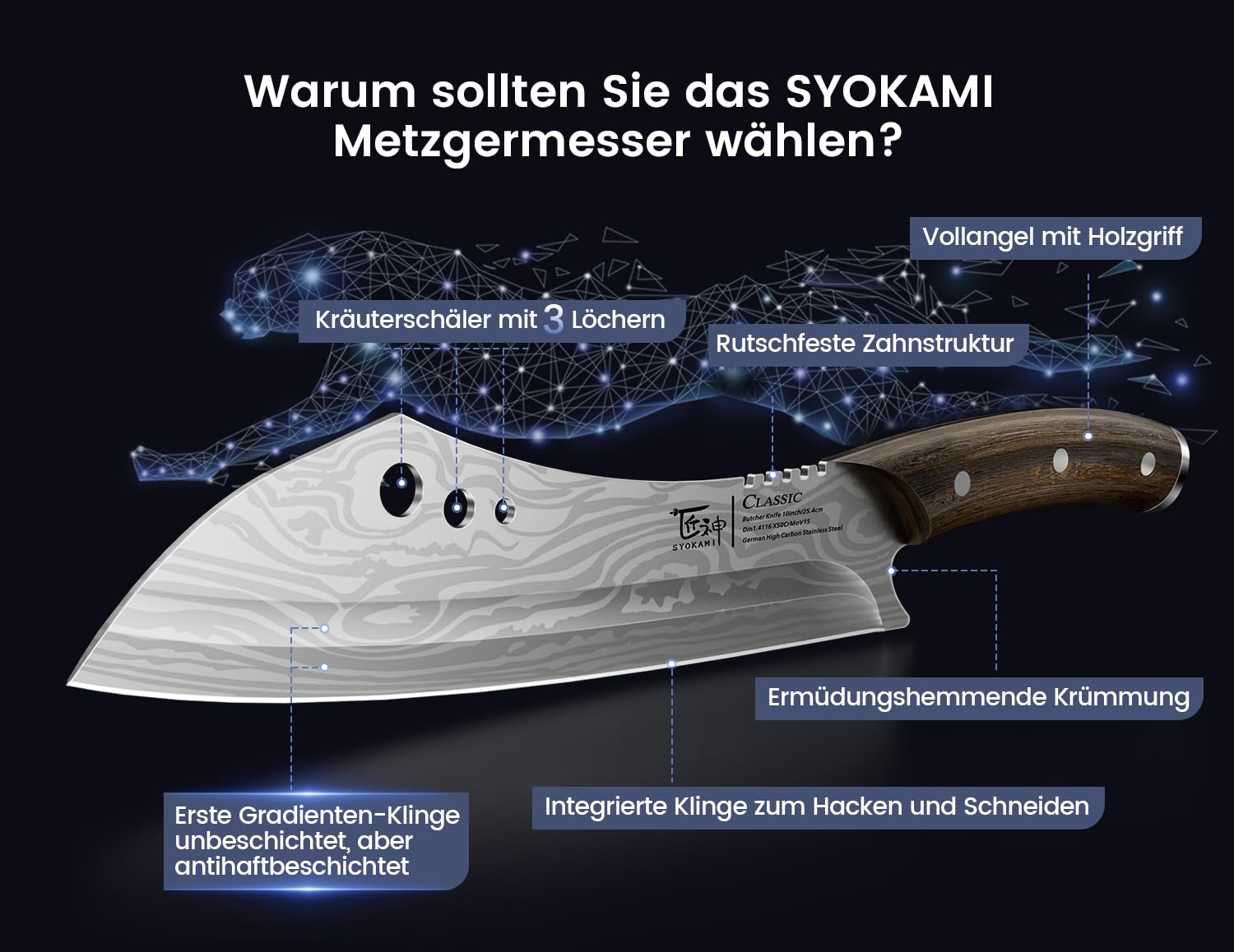 Metzgermesser, Kochmesser mit Kräuterstripper, Japanisches Küchenmesser aus Hochkohlenstoffstahl zum Hacken & Schneiden, Damastmuster, Griff aus Vollholz, Handl Ideal for Gift