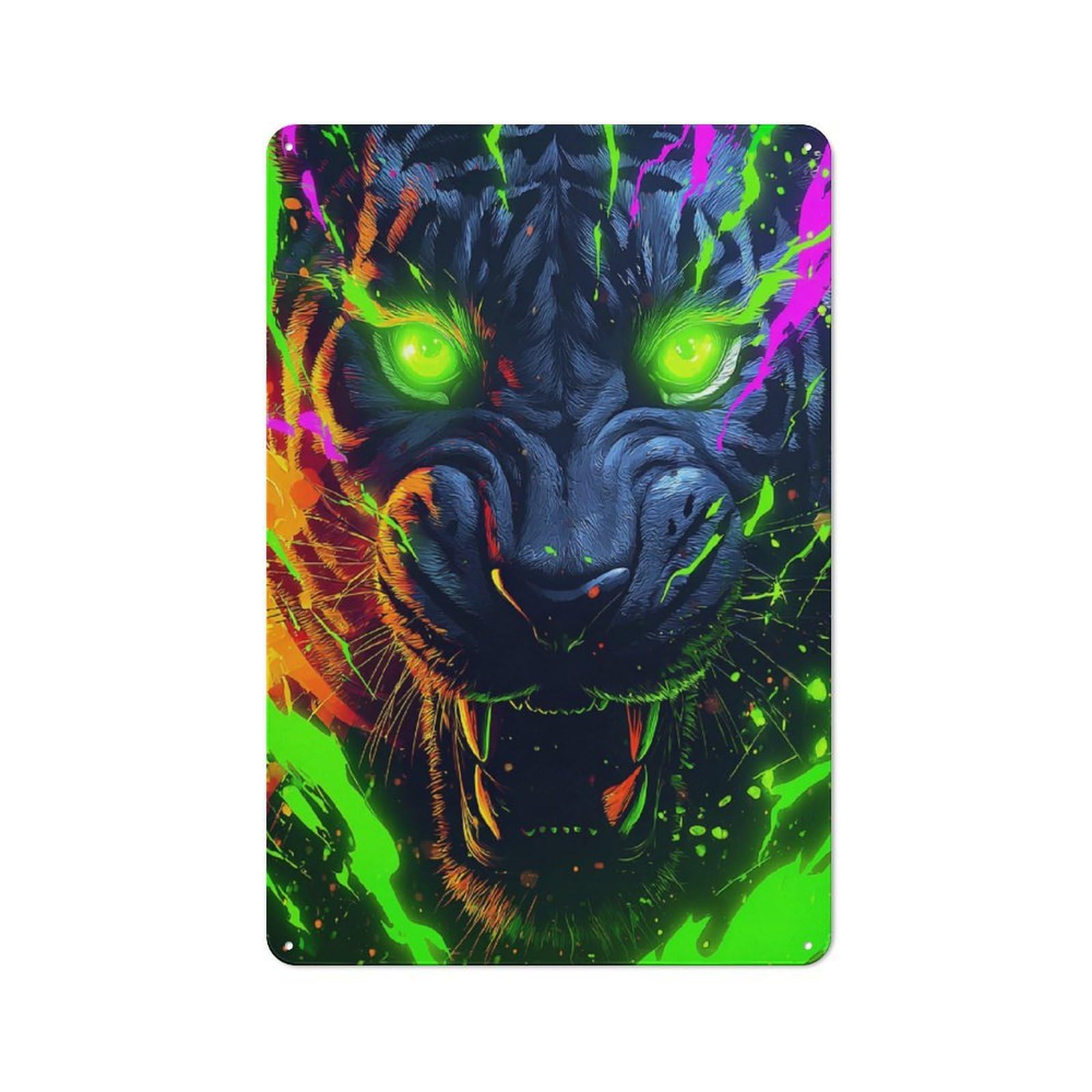 Junmoney Neon Tiger Vibrant Artwork -1 Rustic Tin Wall Plaque 30X20cm For Kitchen Or Home Bar, A Winter Wall Decor Update For Kitchen Decor Lovers