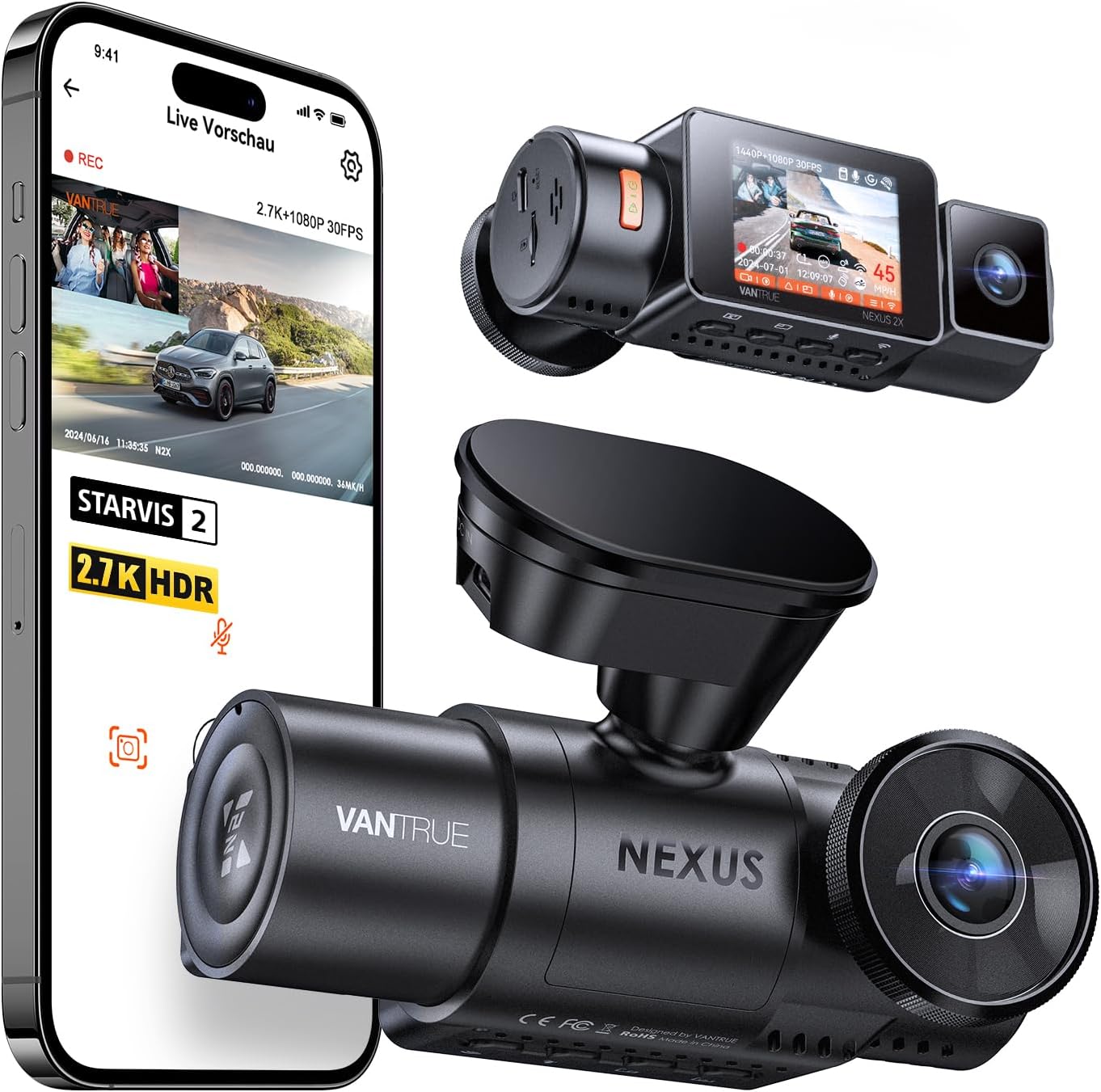 N2X Dash Cam Front Inside 2.7K+1080P Dual HDR, STARVIS 2, 2.5K/60FPS, 5G WiFi, GPS, Night Vision, Voice Control, Car Dash Cam G-Sensor, Dashcam for Car 24/7 Parking Mode, Support 512GB