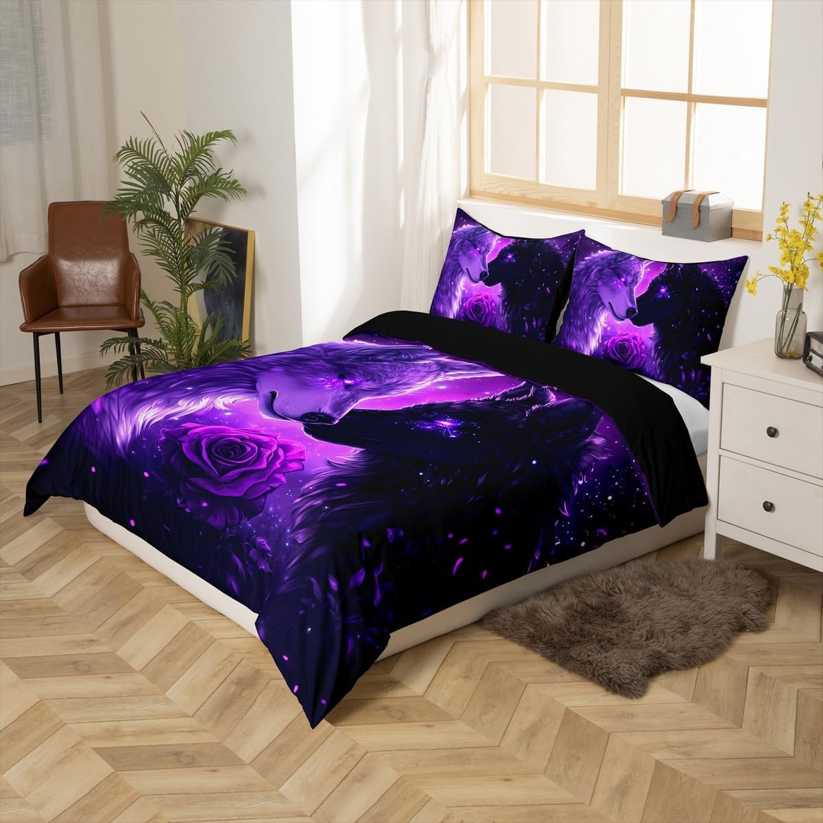 Wild Wolf Duvet Cover Set Toddler Size,Wolf Couple Animal Love Theme Reversible Quilt Cover for Kids Boys Girls Romantic Rose Floral Purple Galaxy Bedding Set with 1 Pillowcase,No Comforter