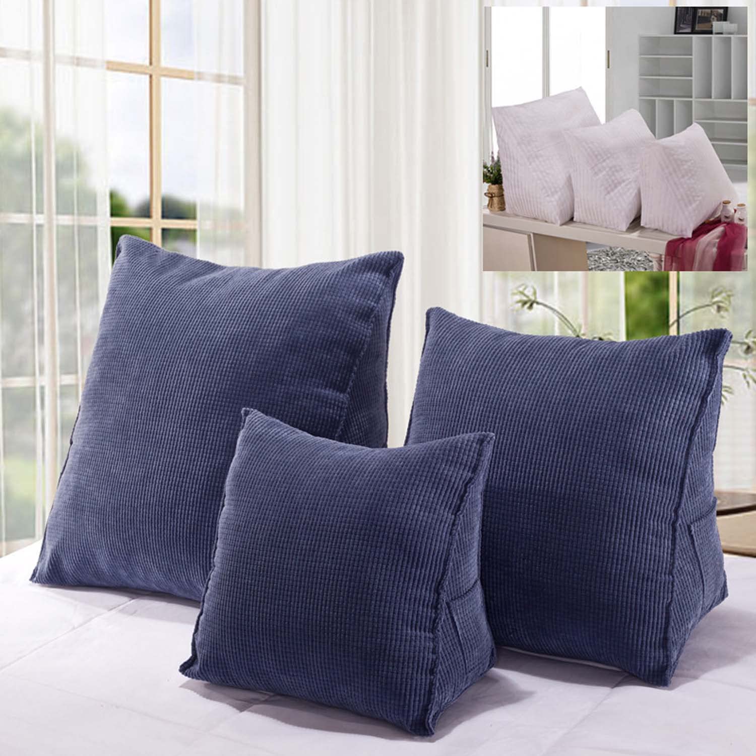 Yanman Blue Wedge Reading Pillow Corduroy Triangular Backrest Cushion, Headboard Backrest Bolster Pillow, Sofa Bed Daybed Lumber Positioning Rest Reading Cushion