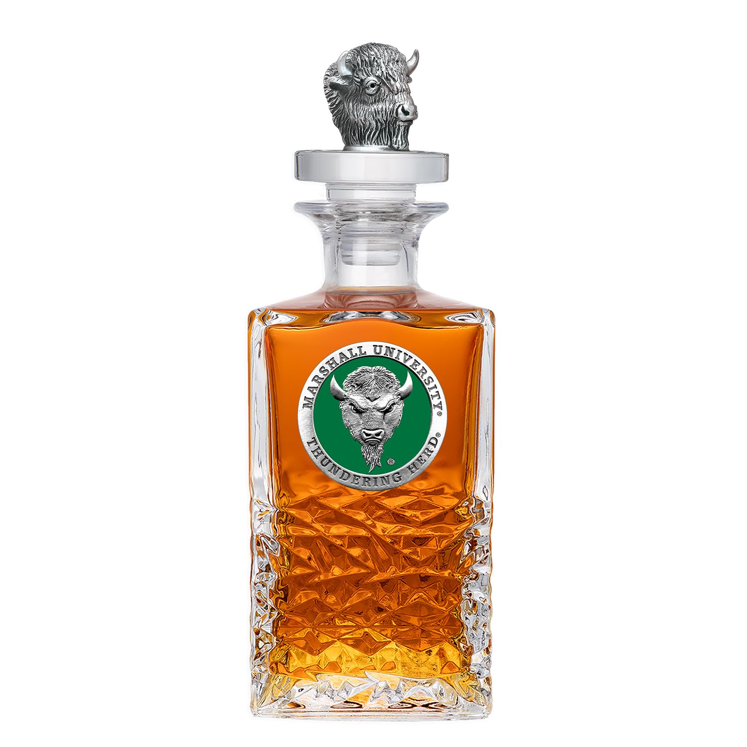 University of Marshall (Buffalo Head) Heritage Decanter with 3D Stopper | 25 OZ Liquor Pourer | Expertly Crafted Pewter Glass