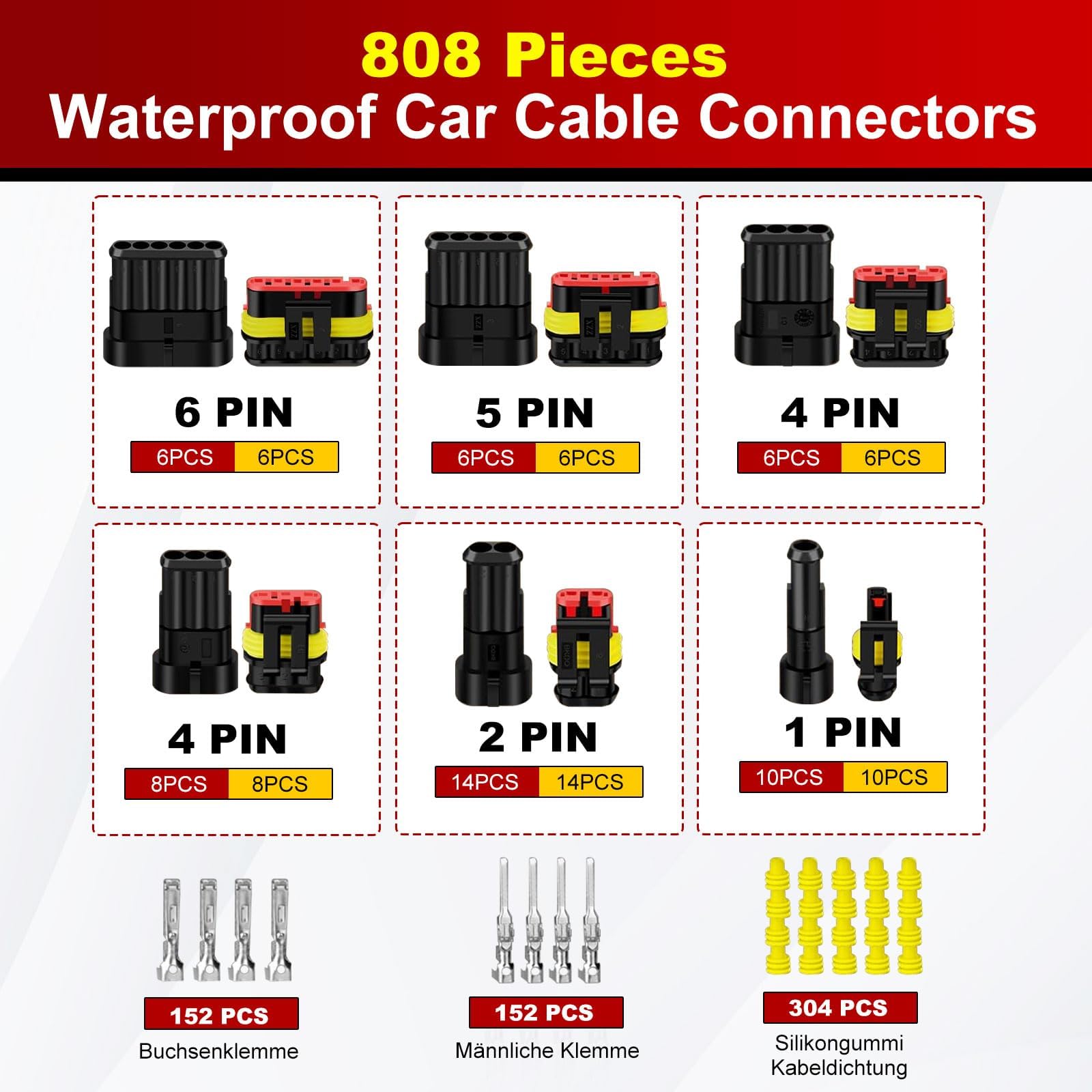 Set di 808 connettori da auto con pinza crimpatrice, spina impermeabile 1-6 poli, connettore Superseal per accessori trattore, auto, camion, barche (diametro del cavo applicabile: 1,5 mm², 300 V, 12 A