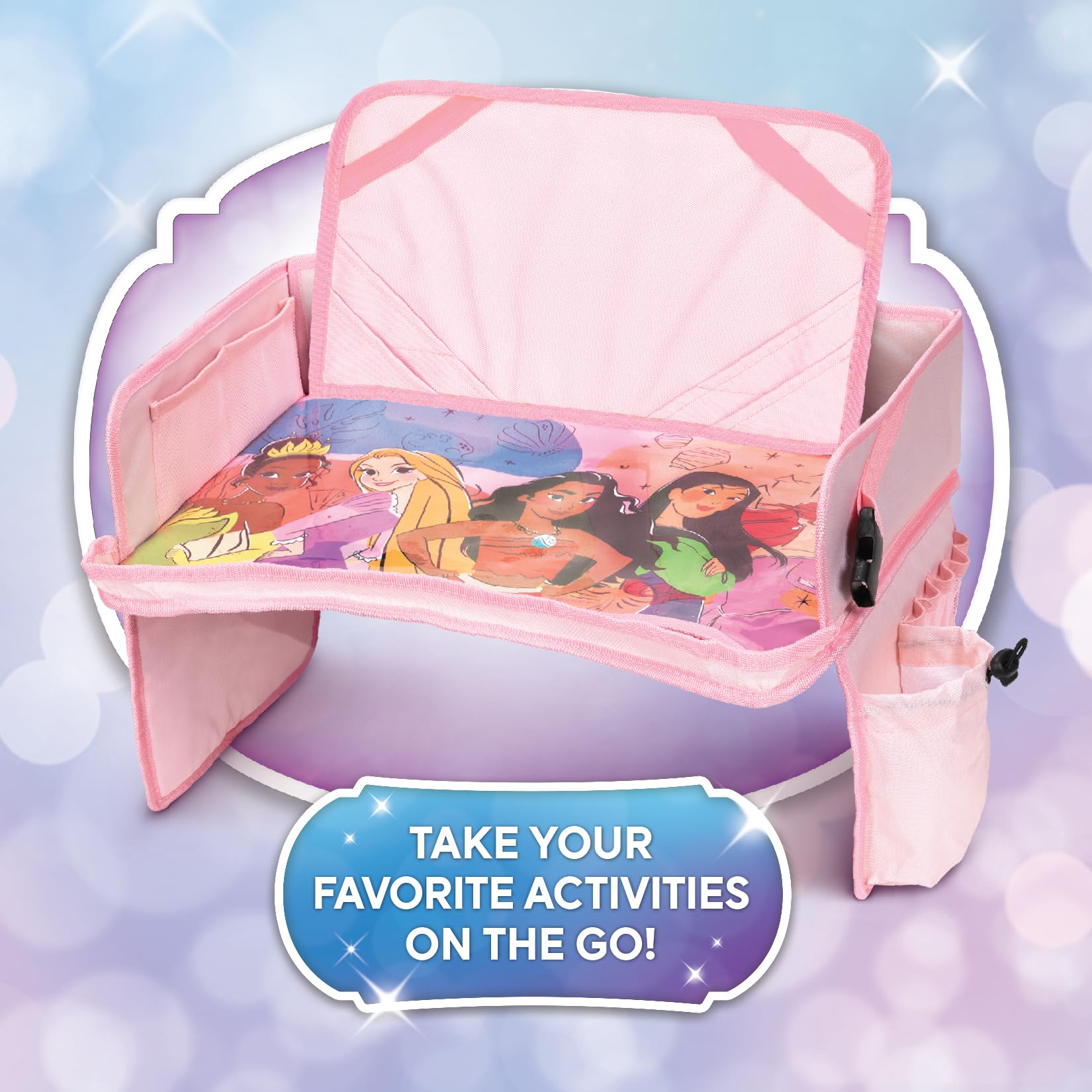 Disney Princess Bandeja de viaje para niños, bandeja de asiento de coche para niños, bandejas de coche para niños, artículos esenciales y actividades de viaje por carretera