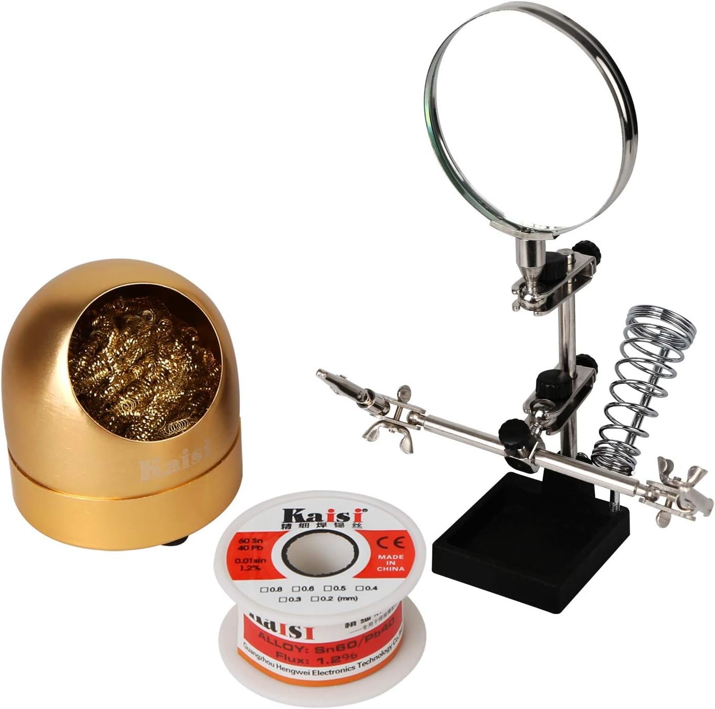 Solder Accessory 3 in 1 Kit Helping Hand Station with Magnifying Glass, Lead-Free 0.3mm Solder Wire, Soldering Tip Cleaner Soft Brass Ball Wire for Electronics Soldering, Hobby and Craft Projects etc