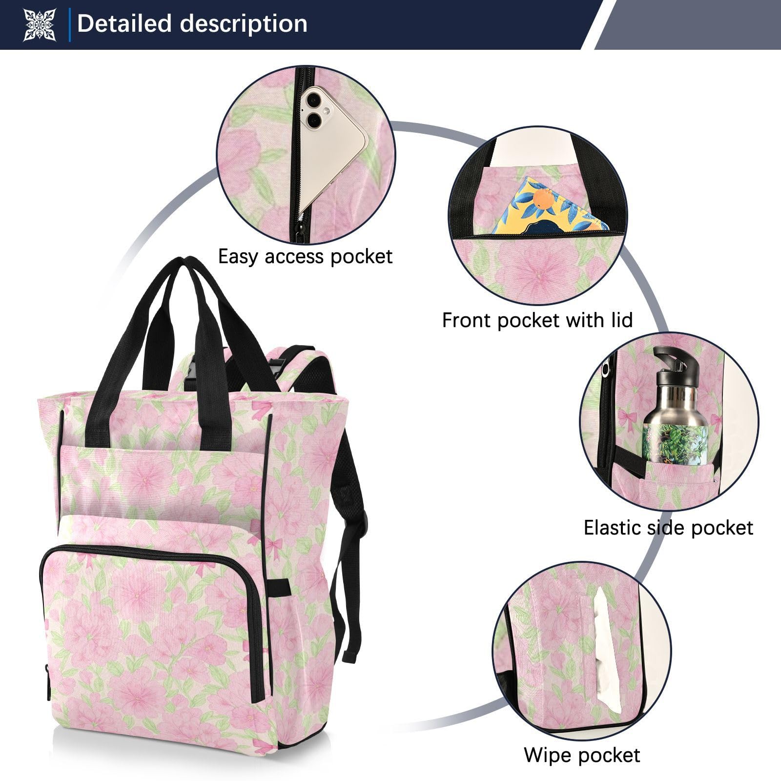 Zaino da viaggio per neonata/ragazzo, ortensie, fiori, fiocchi, rosa