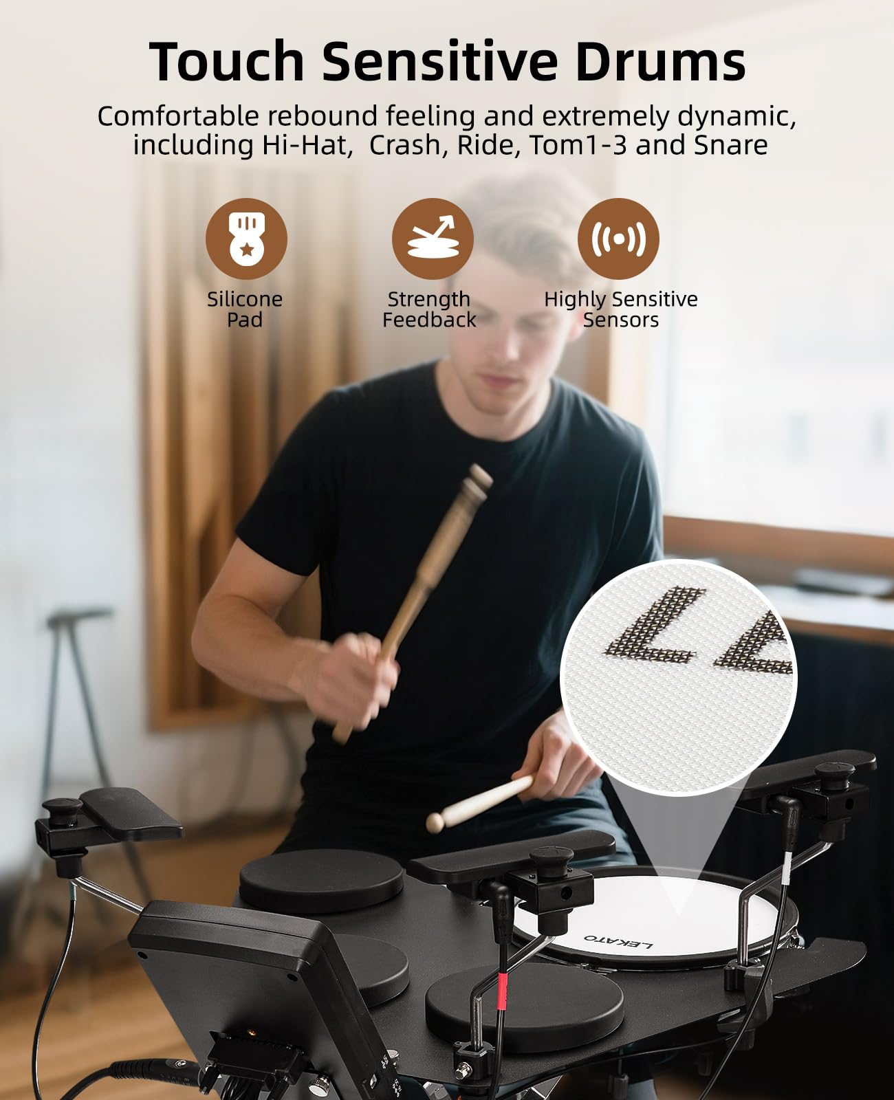LEKATO Batteria elettronica con cuscinetti a rete silenziosi, batteria elettrica portatile CPD-1000, oltre 20 suoni, USB MIDI, 2 pedali aggiornati, bastoncini, borsa da viaggio