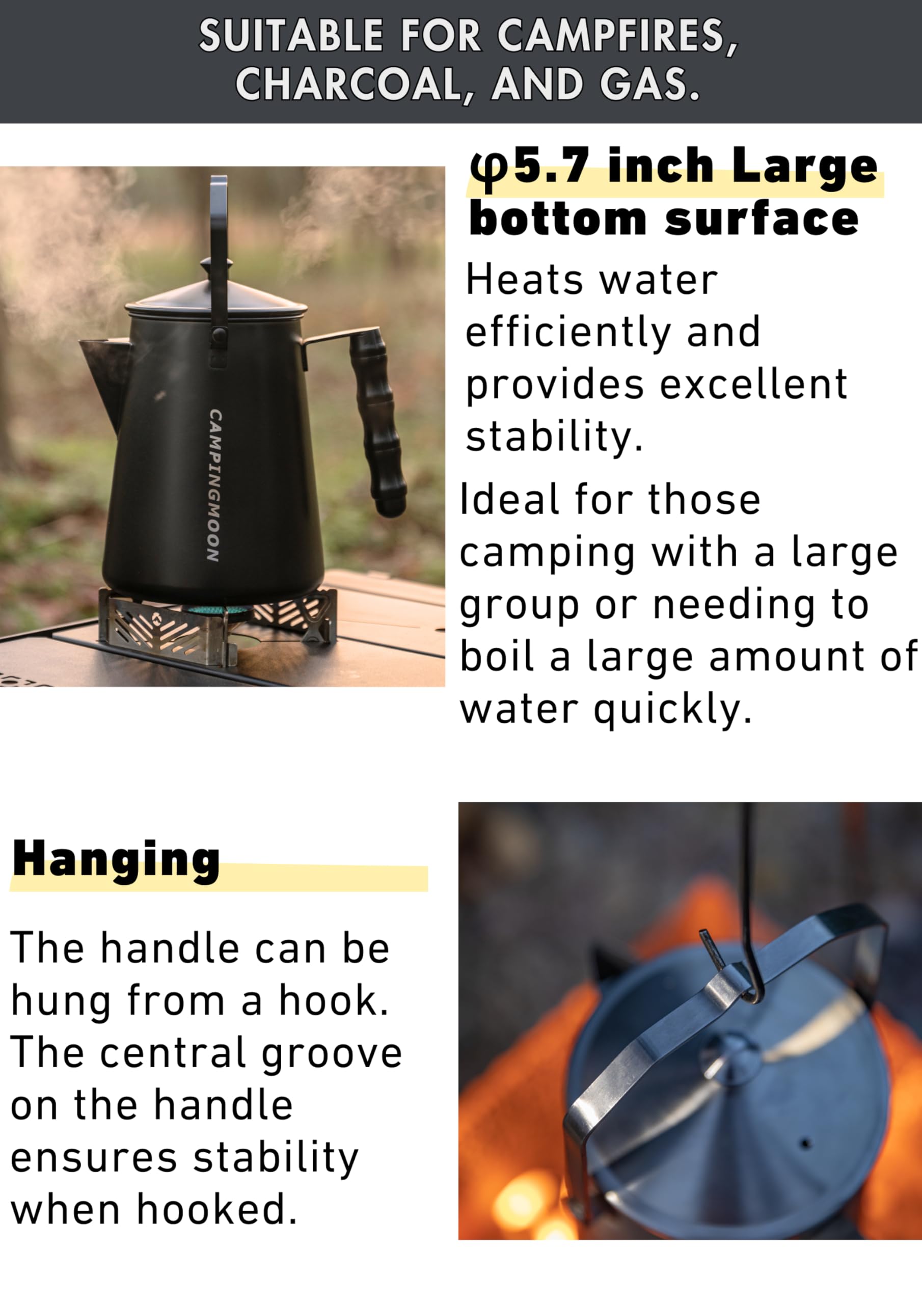 CAMPINGMOON BKSW-6 - Hervidor de acero inoxidable para fogata de 1,5 L, color negro