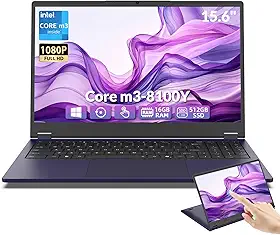 EKY Laptop FHD de 15,6 polegadas, tela sensível ao toque de ioga de 360°, Core m3-8100Y até 3,40GHz, 16 GB de RAM, SSD de 512 GB, notebook Win11, conjunto de escritório, WiFi 5 2,4/5G, BT 5.0, HDMI