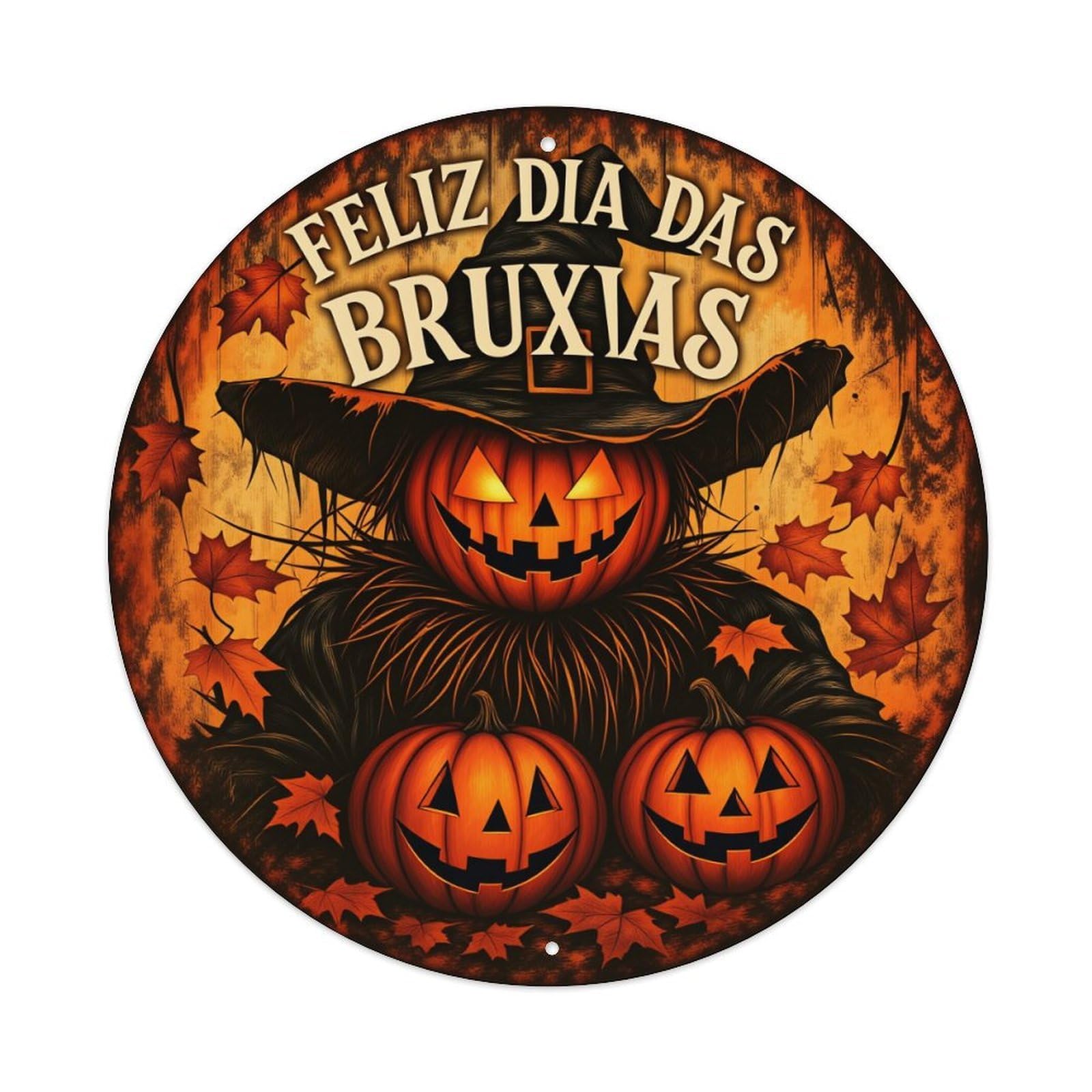 Pumpkin Witch Hat Leaves Halloween Round Tin Sign Vintage Style Metal Sign Home Bar Garden Wall Plaque Decor Metal Poster 8x8 Inch