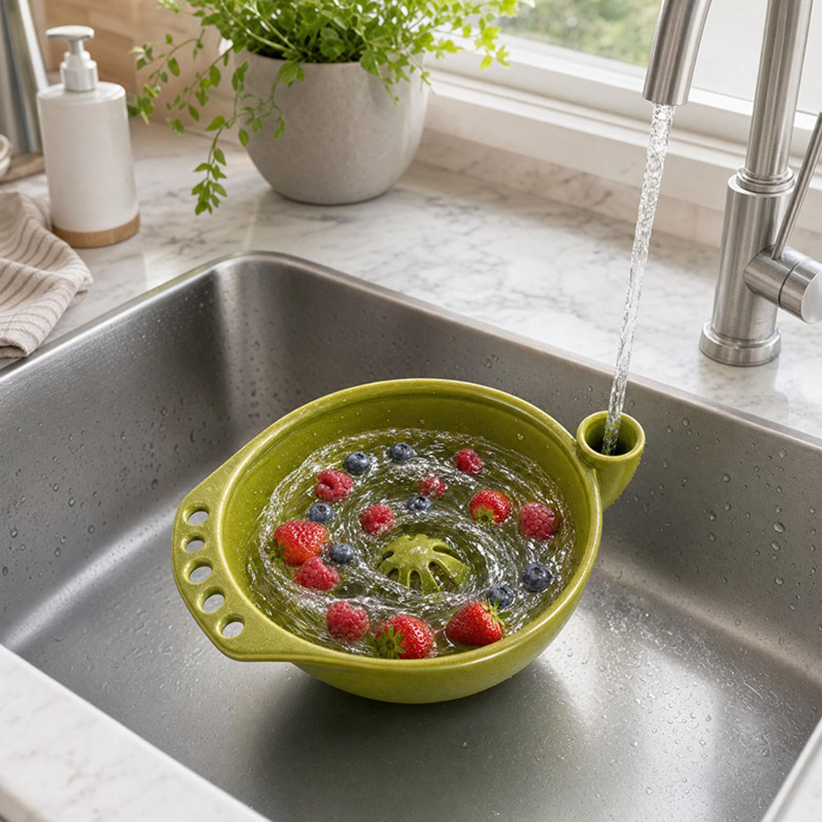 Lavadora de productos de cocina familiar con estructura de cerámica esmaltada, centro, salida de drenaje para tareas de enjuague de vegetales, arroz y frijoles Enjuagadora de frutas y verduras