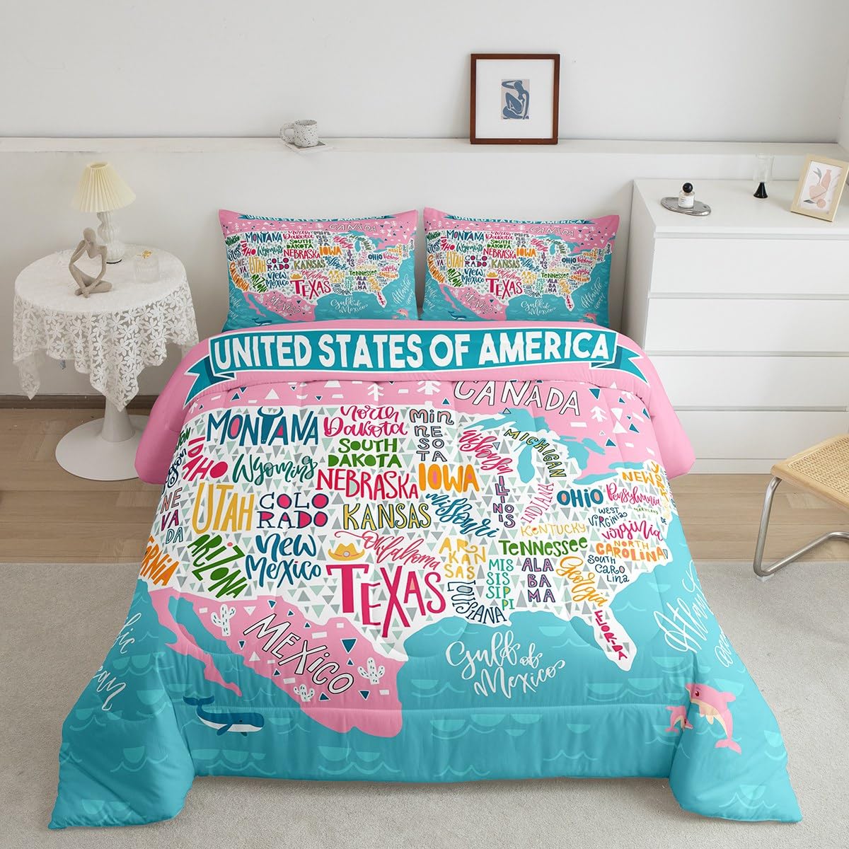 Feelyou Blue Pink USA Map Bedding Set Queen, Geography Comforter Set for Kids Boys Girls Teens Educational Map Comforter Learning Educational Duvet Set 3Pcs